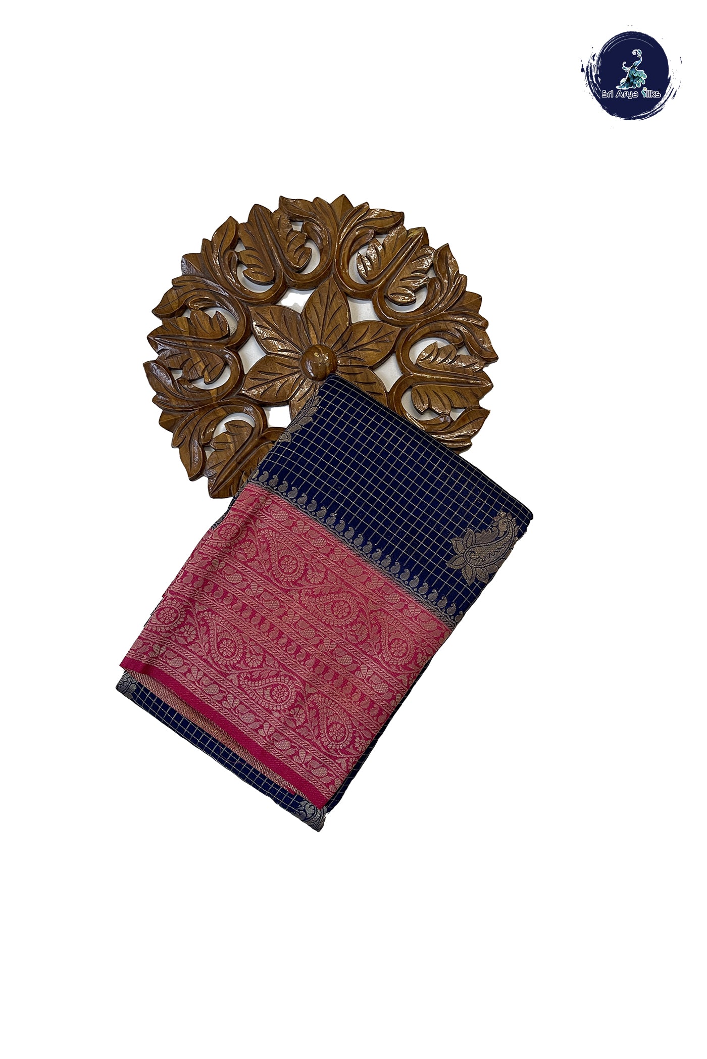 Navy Blue Semi Banarasi Saree With Zari Checked Pattern