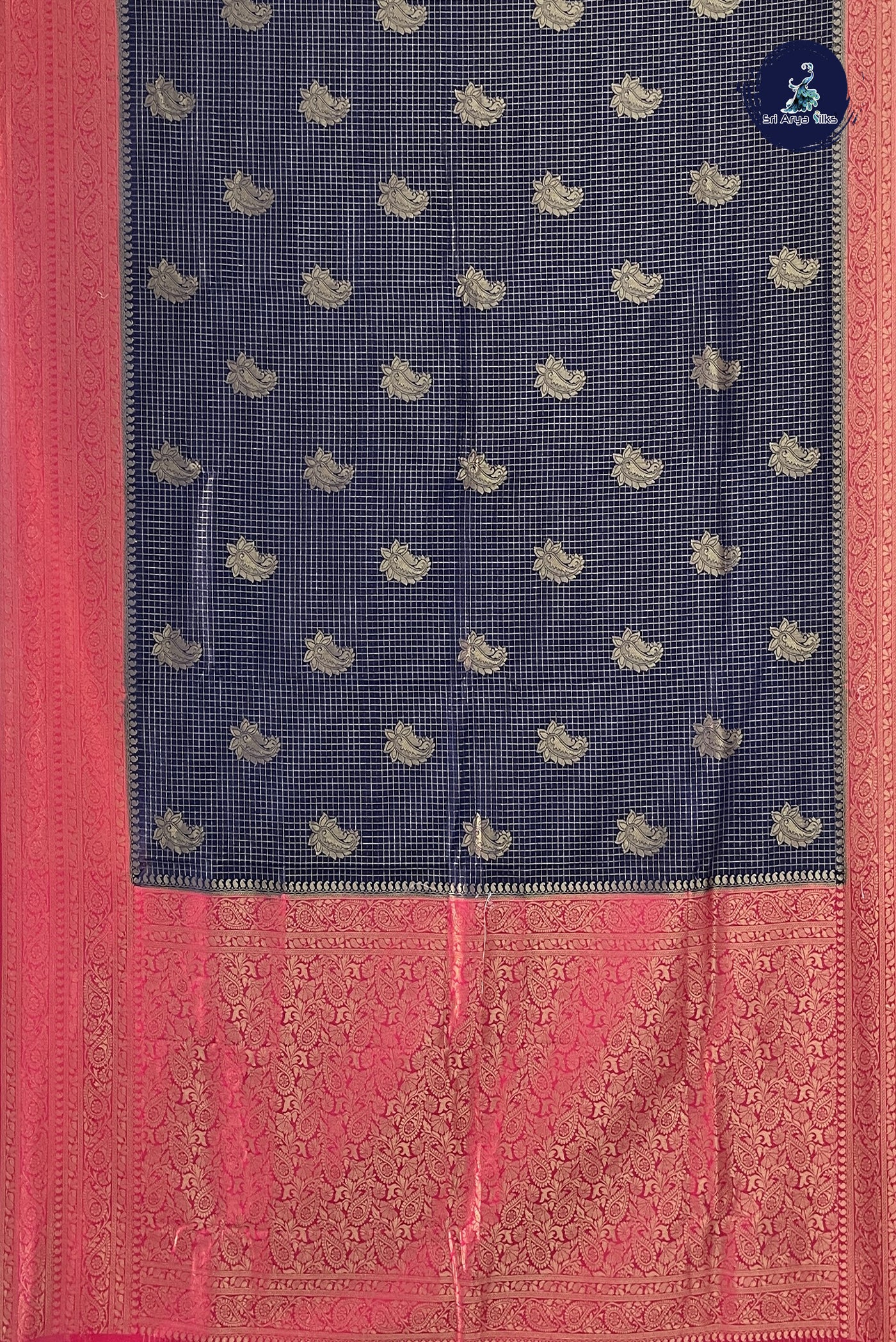 Navy Blue Semi Banarasi Saree With Zari Checked Pattern