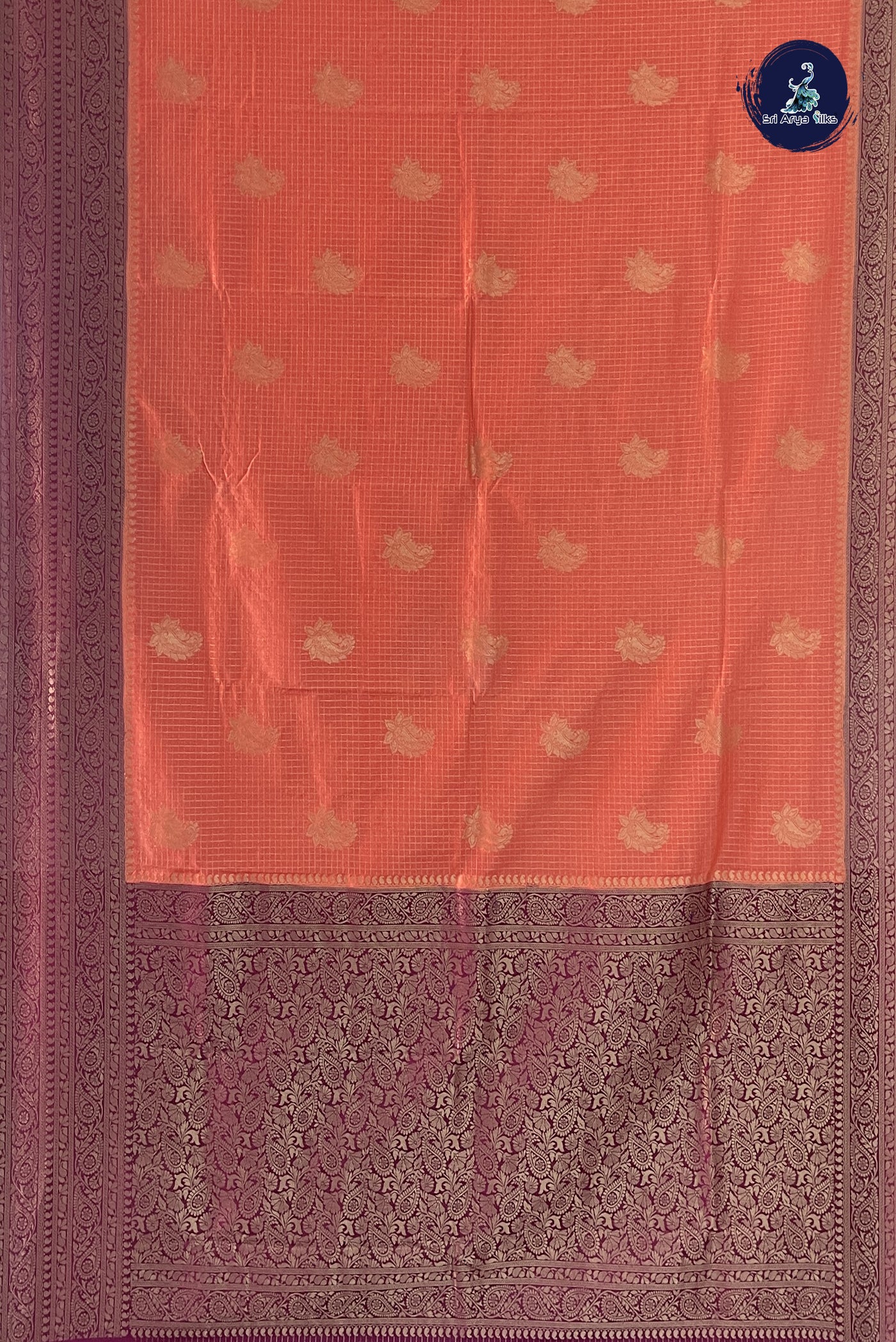 Pinkish Peach Semi Banarasi Saree With Zari Checked Pattern