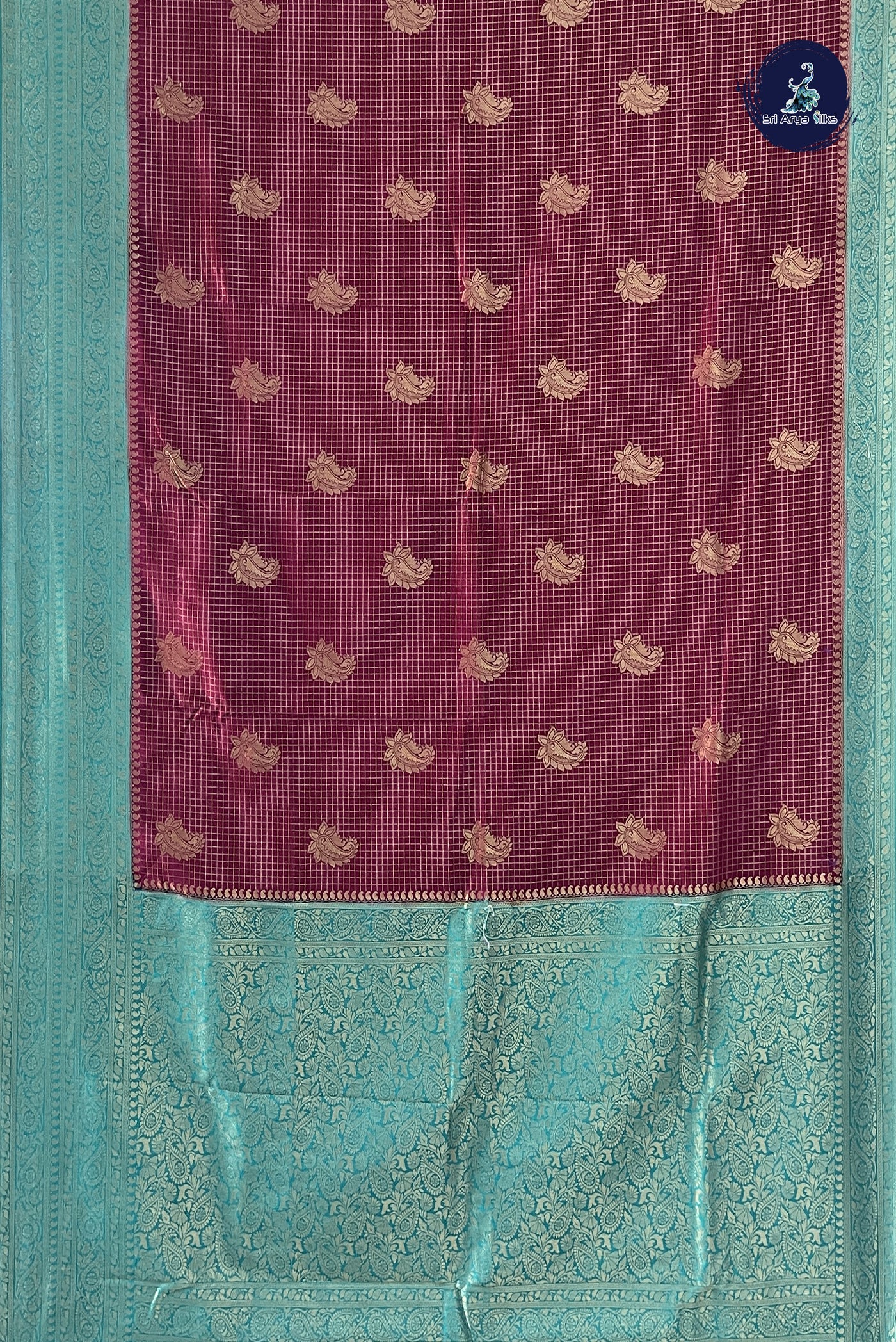 Dual Tone Maroon Semi Banarasi Saree With Zari Checked Pattern