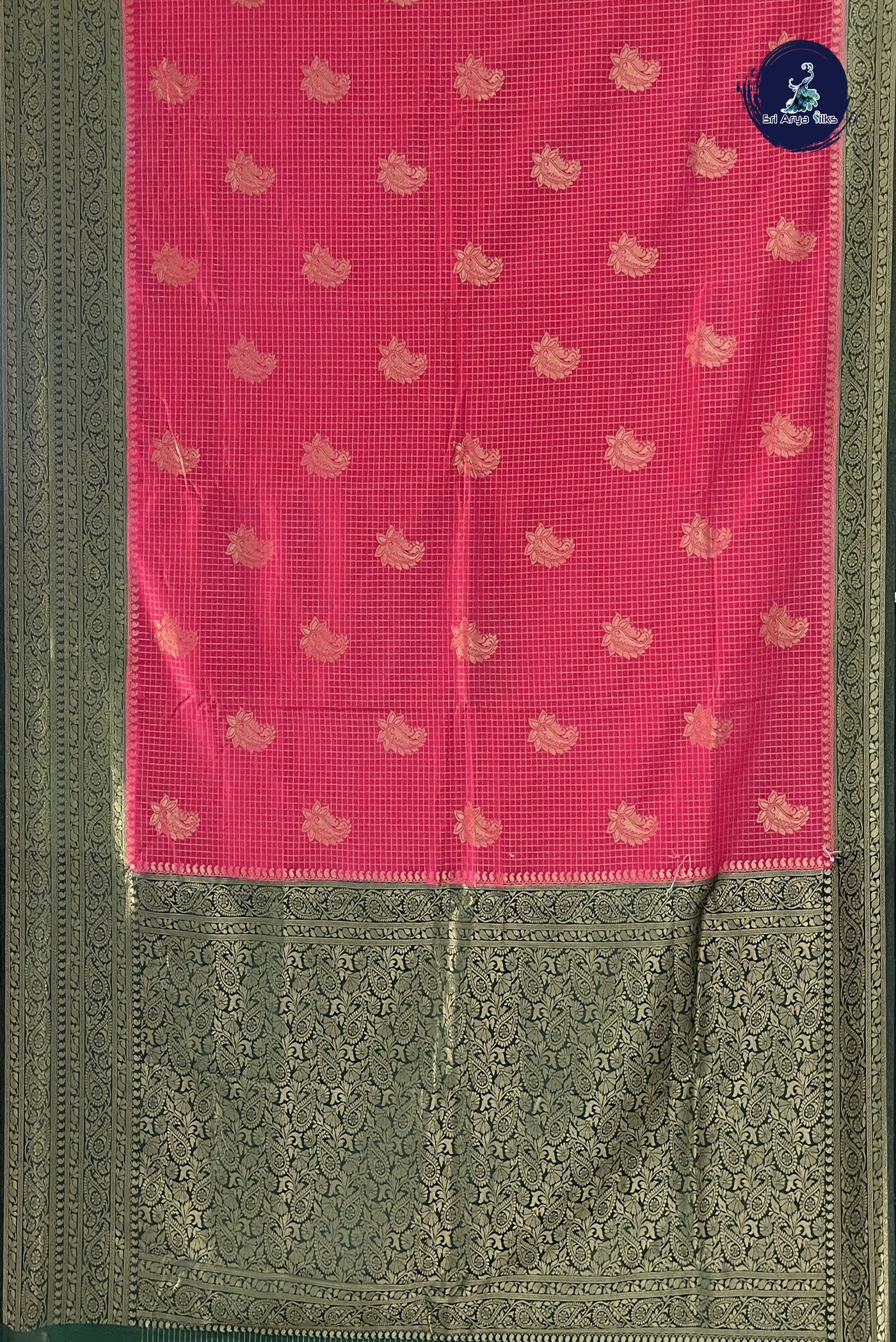 Dark Pink Semi Banarasi Saree With Zari Checked Pattern