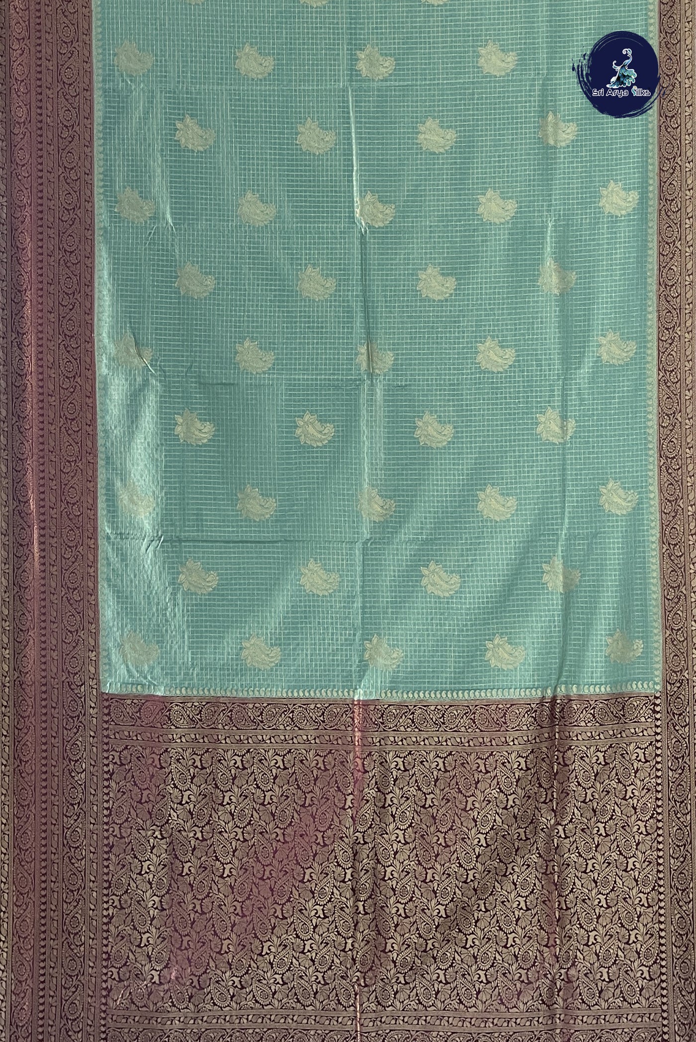 Pastel Green Semi Banarasi Saree With Zari Checked Pattern