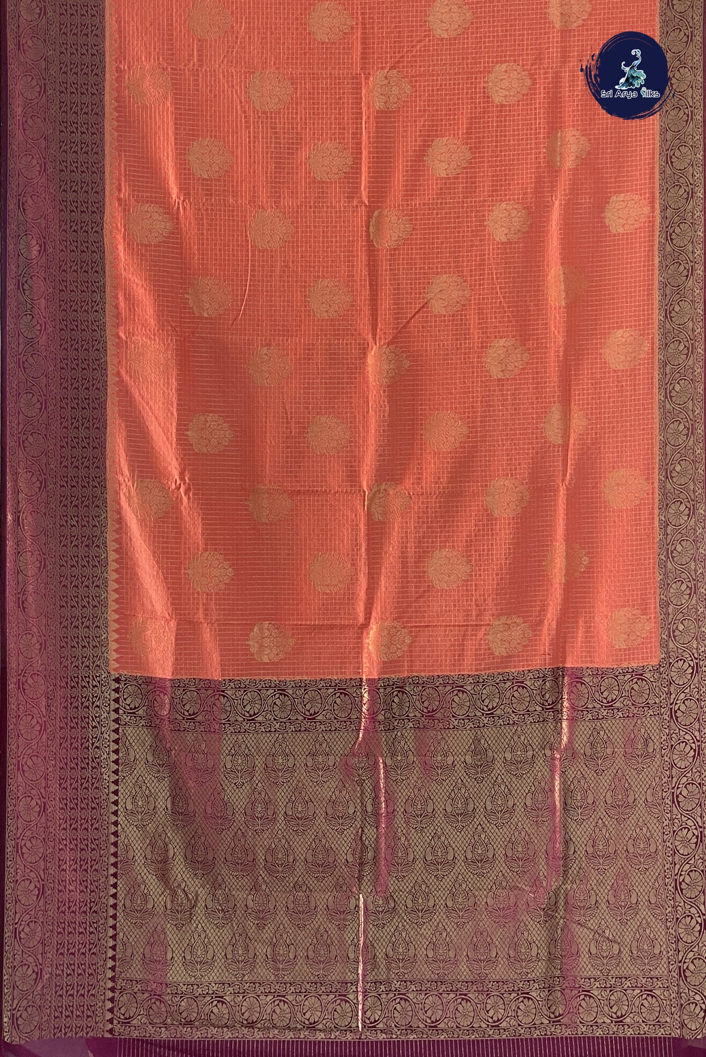 Peach Pink Semi Banarasi Saree With Zari Checked Pattern