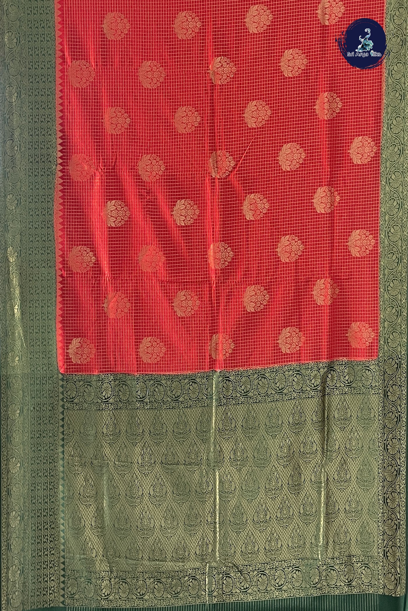 Red Semi Banarasi Saree With Zari Checked Pattern