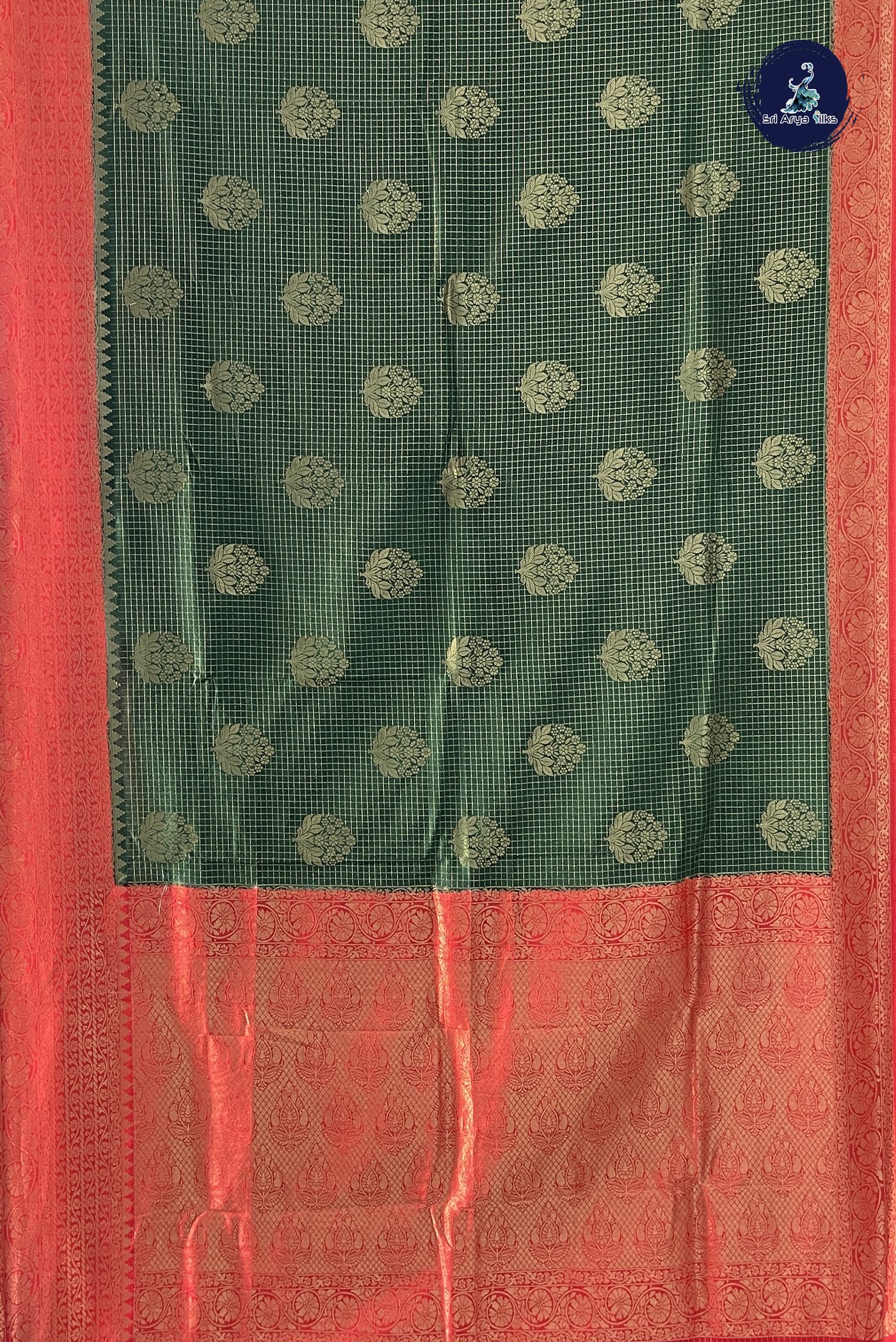 Dark Green Semi Banarasi Saree With Zari Checked Pattern