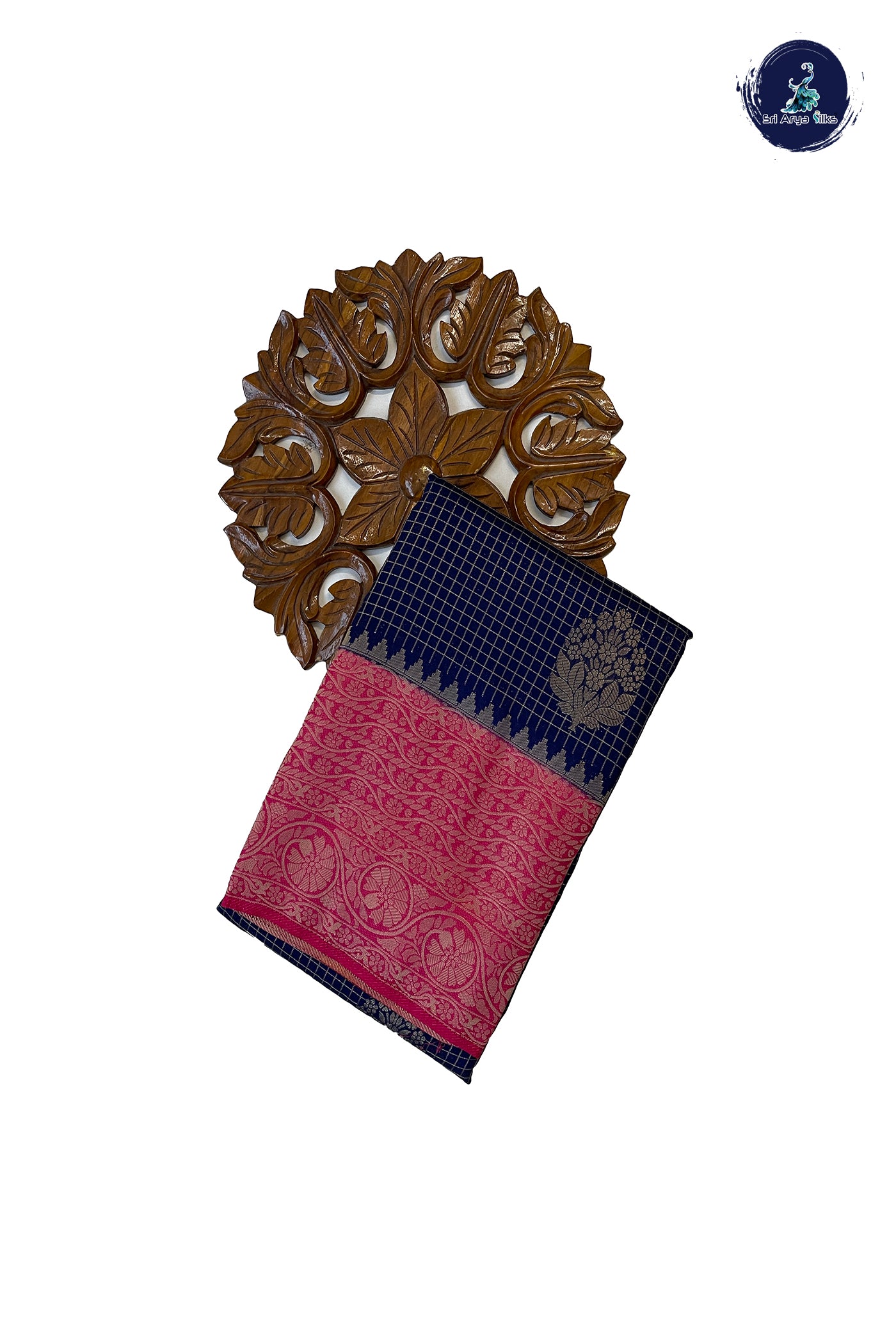 Navy Blue Semi Banarasi Saree With Zari Checked Pattern