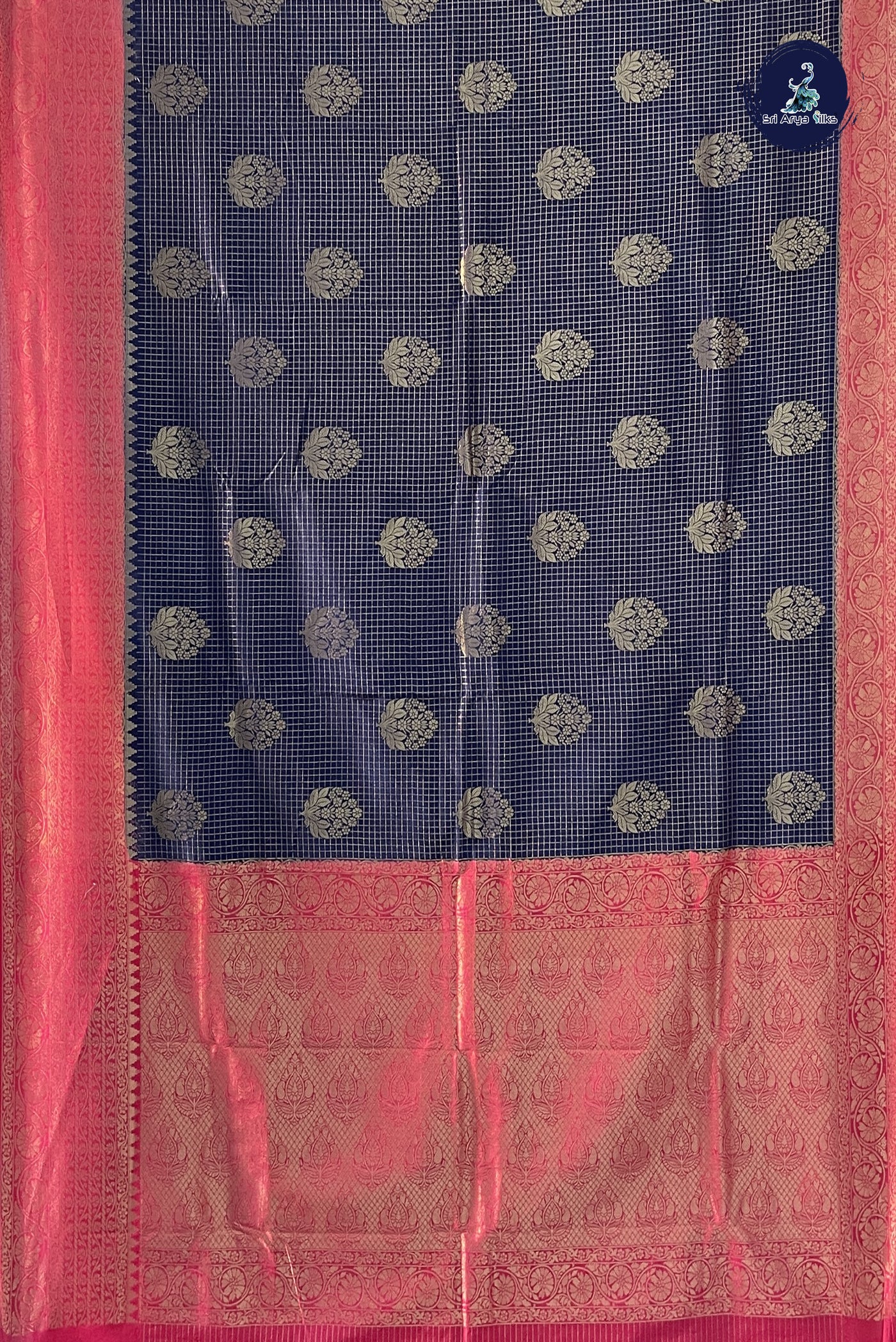 Navy Blue Semi Banarasi Saree With Zari Checked Pattern