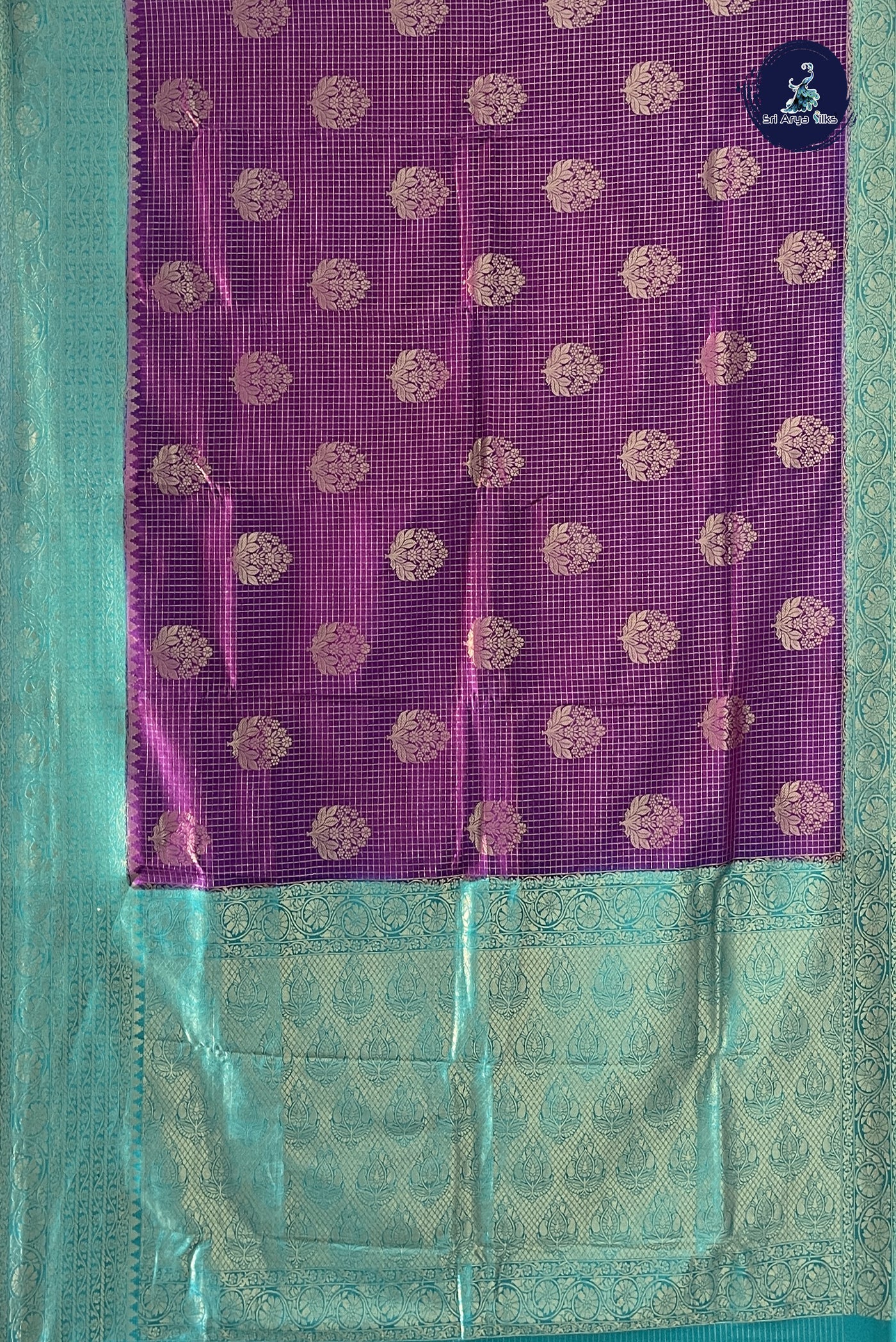 Dark Brinjal Semi Banarasi Saree With Zari Checked Pattern