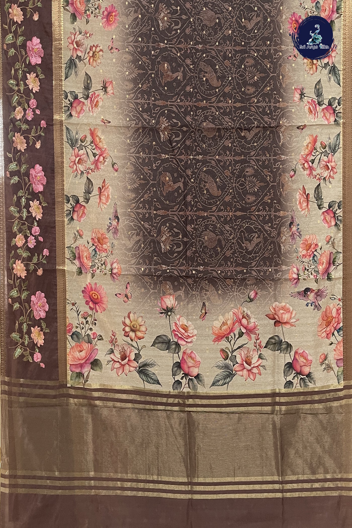 Brown Raw Silk Saree With Floral Digital Print Pattern