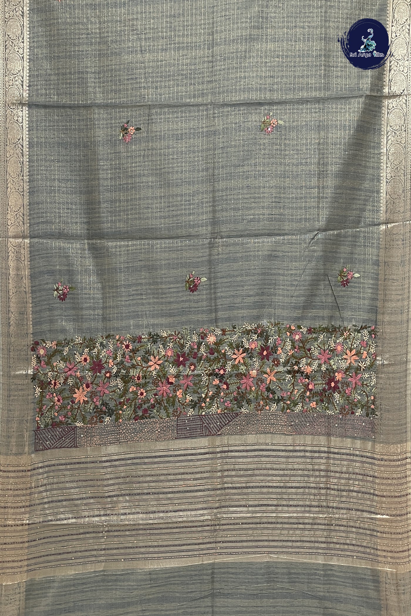 Bluish Grey Tissue Banarasi Saree With Embroidery Pattern