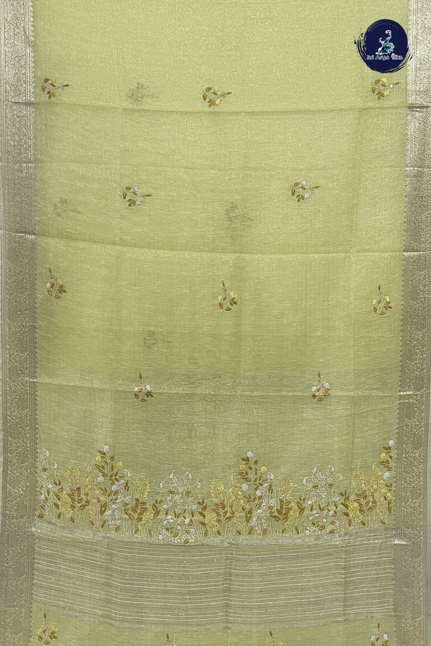 Light Yellow Tissue Banarasi Saree With Embroidery Pattern