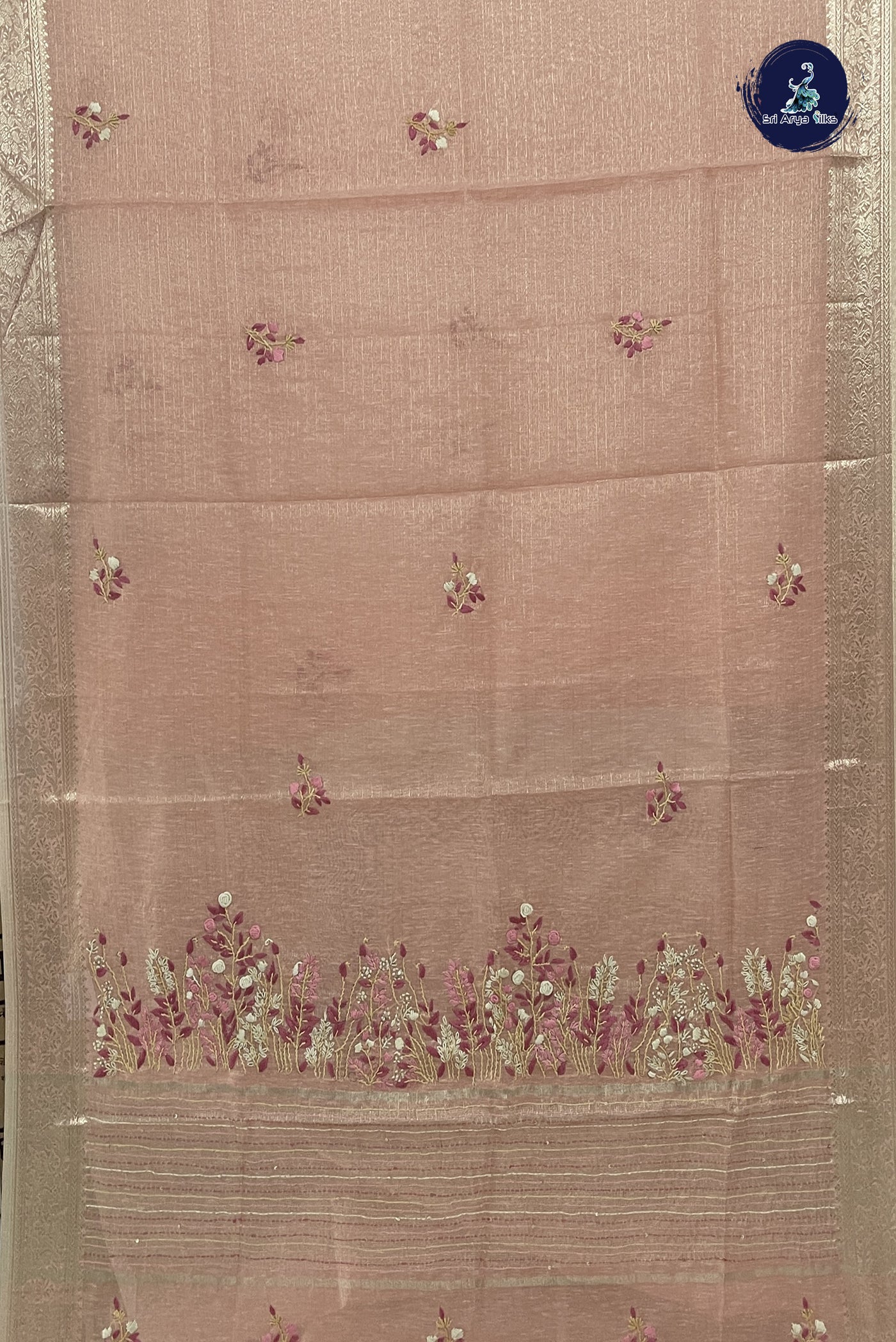 Peach Pink Tissue Banarasi Saree With Embroidery Pattern