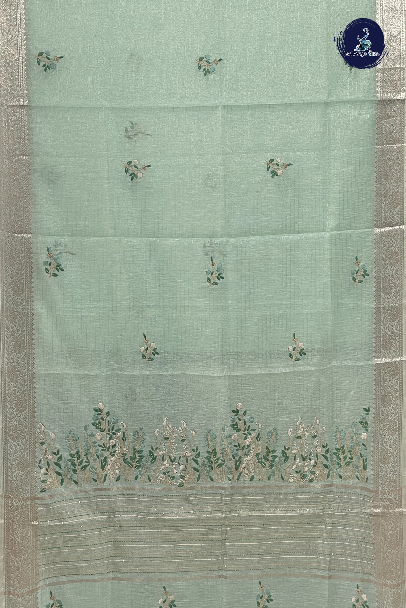 Pista Green Tissue Banarasi Saree With Embroidery Pattern