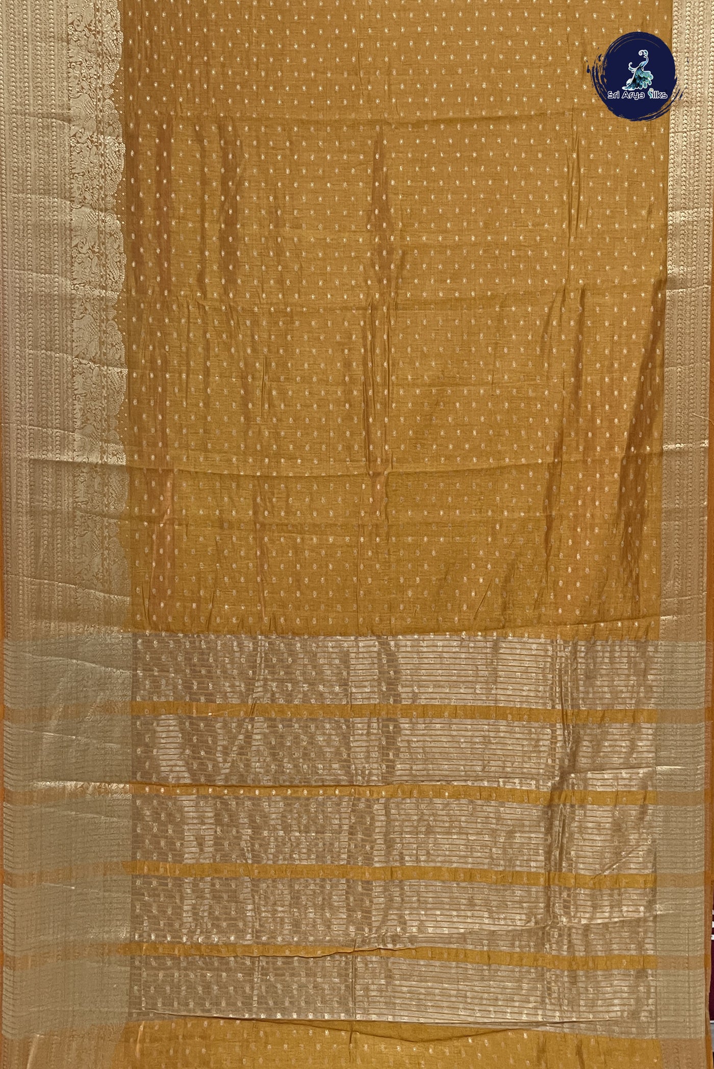 Golden Mustard Semi Tussar Saree With Zari Buttas Pattern