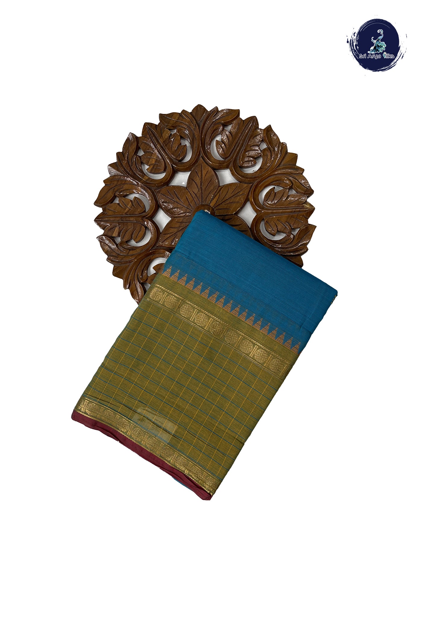 Light Blue Chettinad Cotton Saree With Buttas Pattern