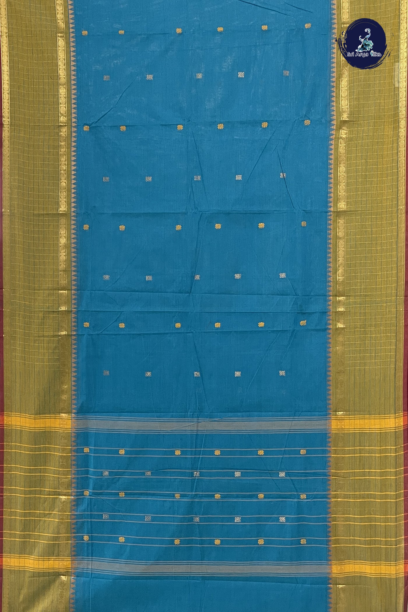 Light Blue Chettinad Cotton Saree With Buttas Pattern