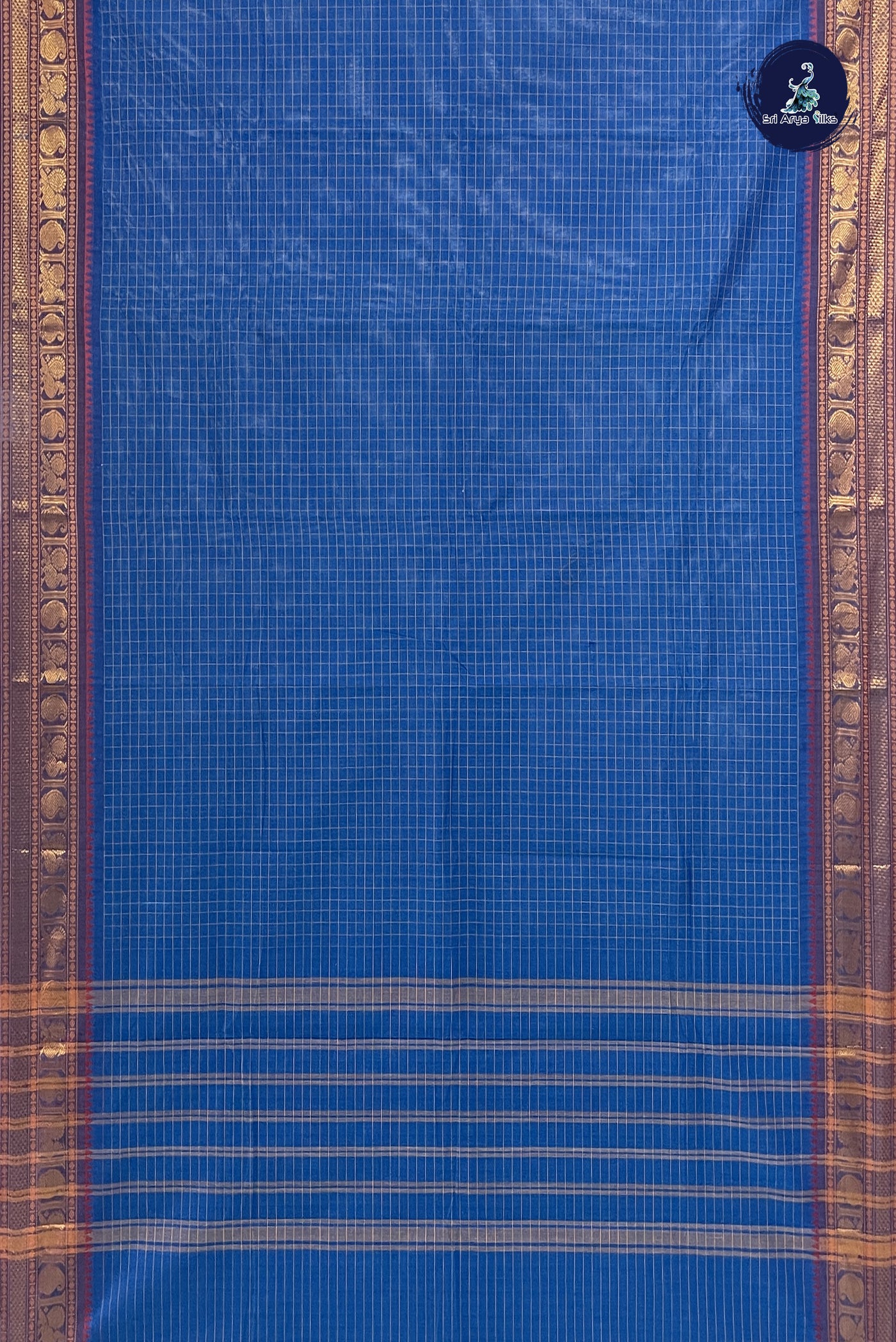 Blue Chettinad Cotton Saree With Checked Pattern