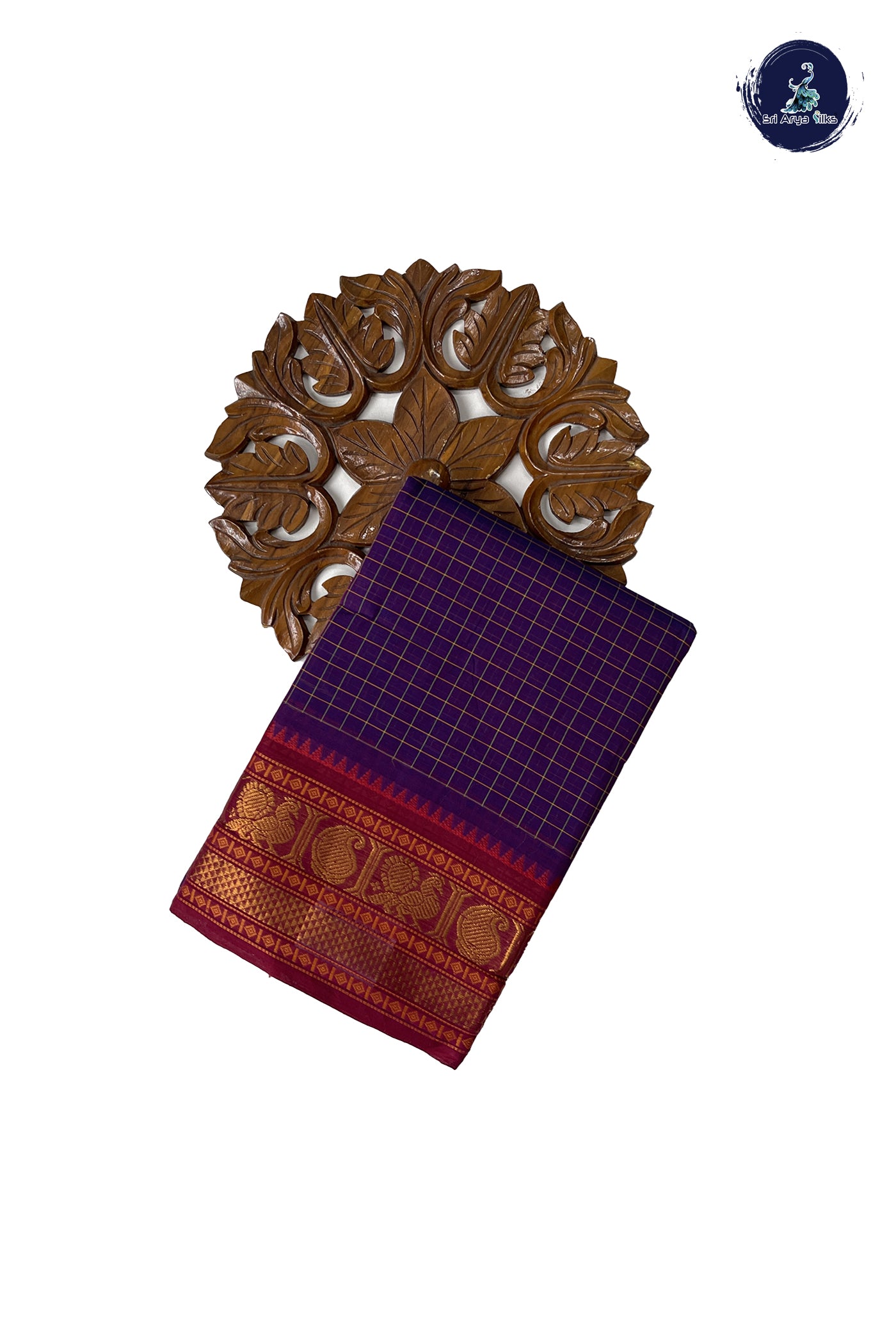 Dark Brinjal Chettinad Cotton Saree With Checked Pattern