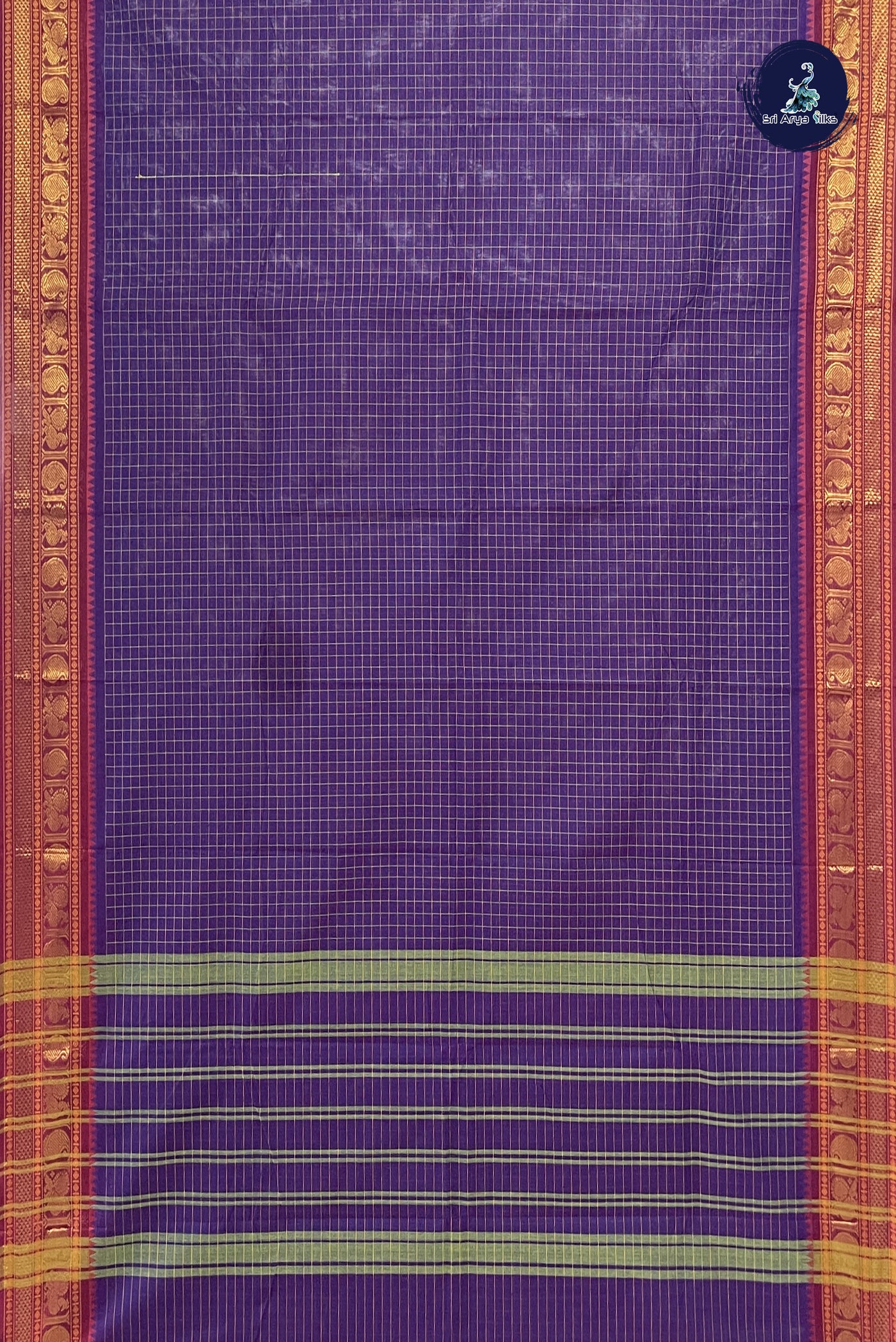 Dark Brinjal Chettinad Cotton Saree With Checked Pattern