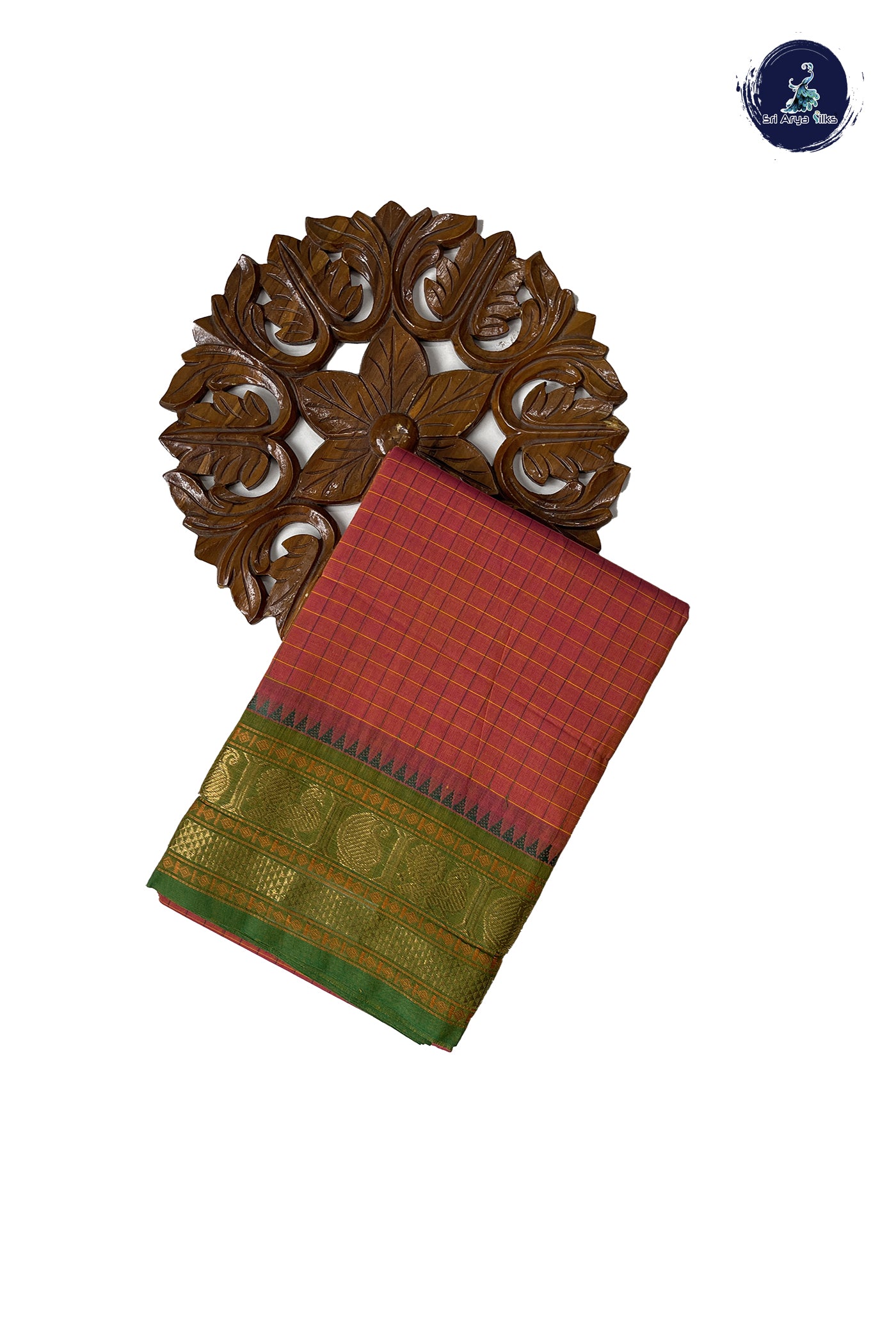 Rust Chettinad Cotton Saree With Checked Pattern