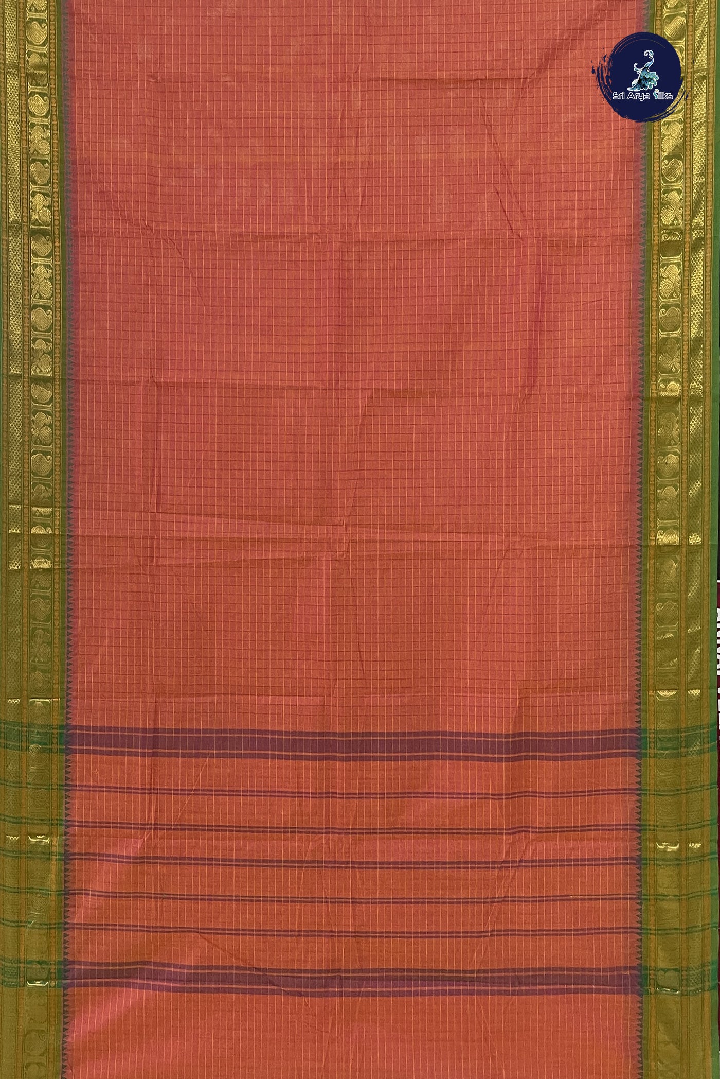 Rust Chettinad Cotton Saree With Checked Pattern