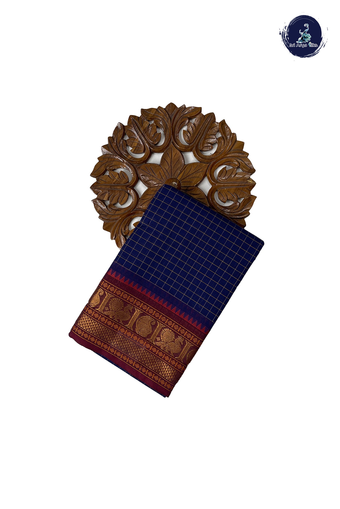 Navy Blue Chettinad Cotton Saree With Checked Pattern