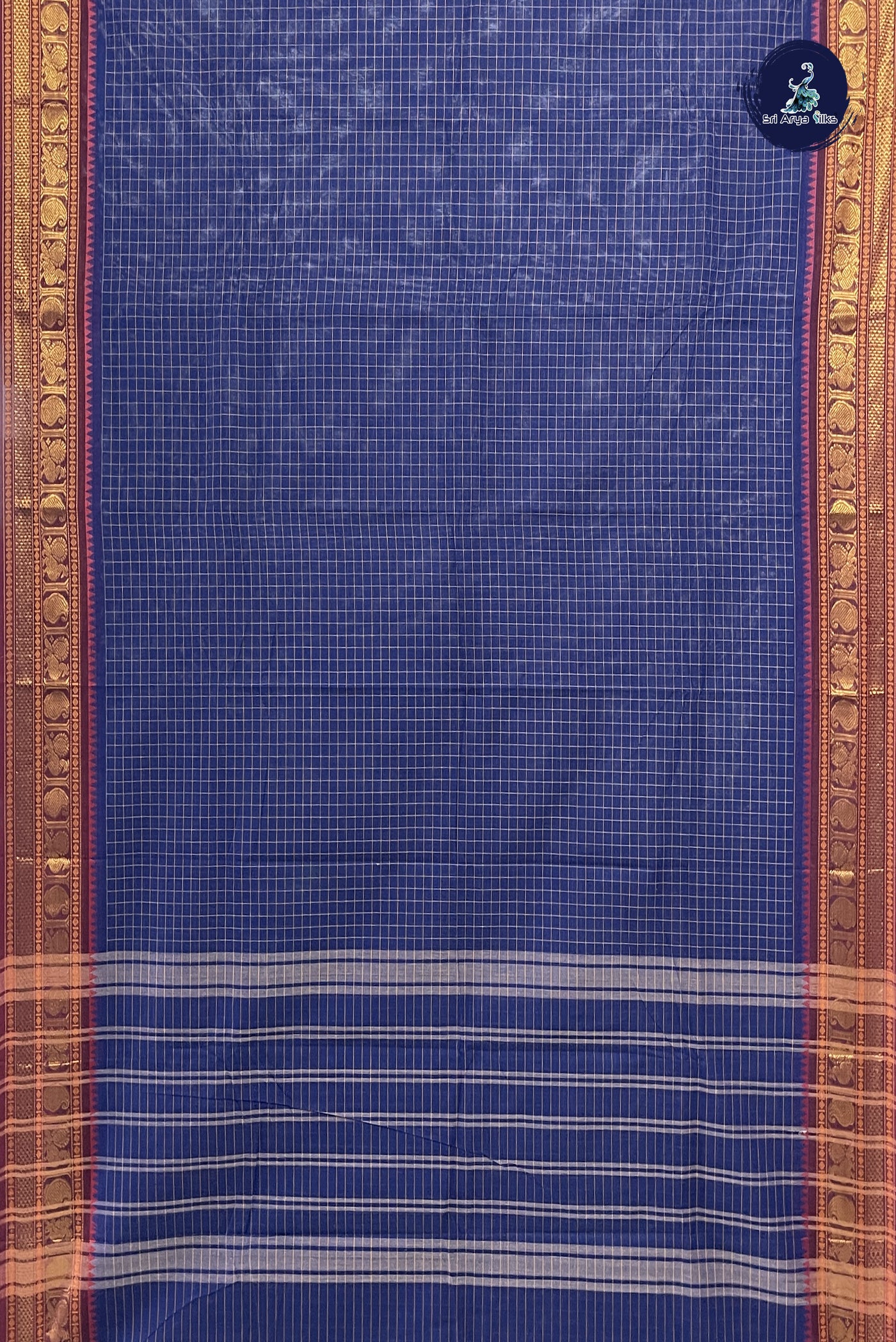 Navy Blue Chettinad Cotton Saree With Checked Pattern