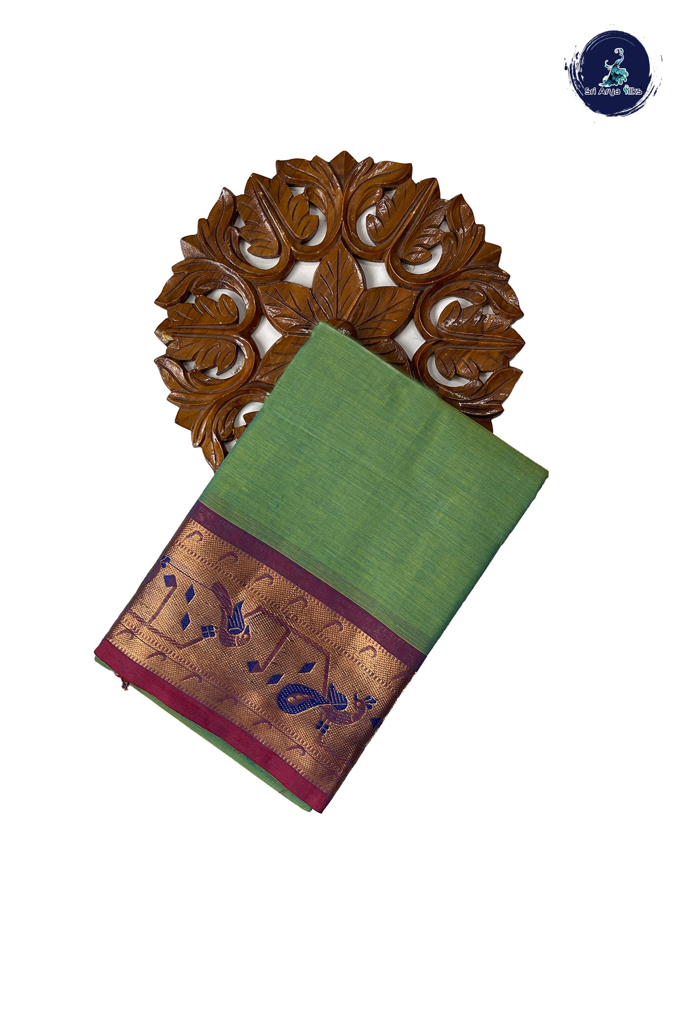 Light Green Chettinad Cotton Saree With Plain Pattern