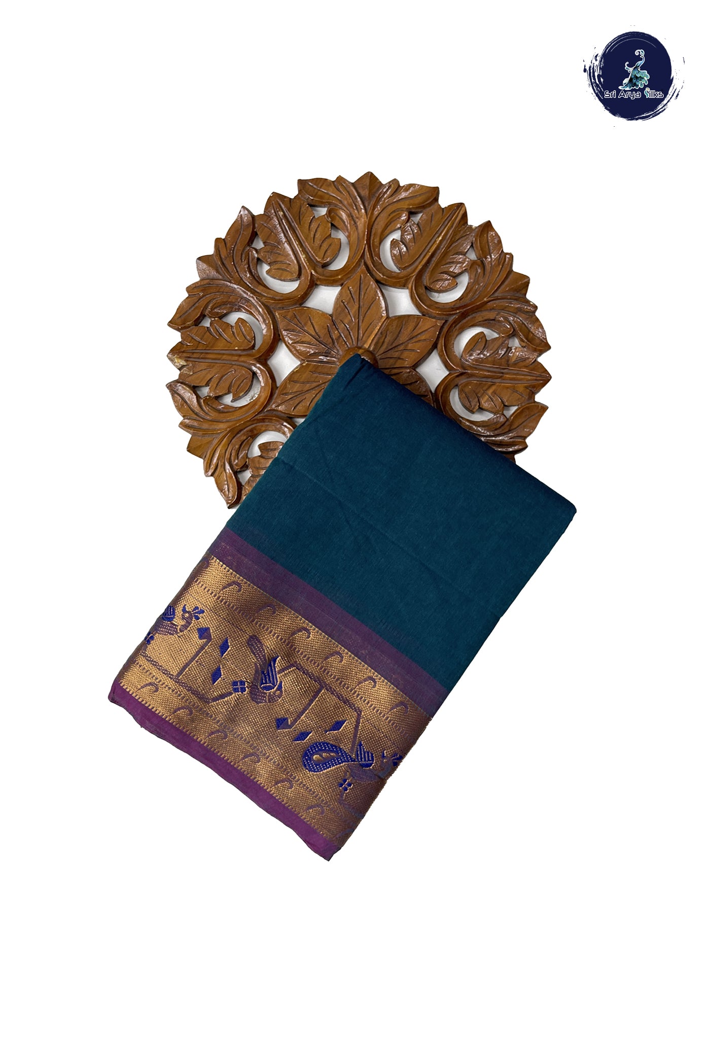 Peacock Blue Chettinad Cotton Saree With Plain Pattern