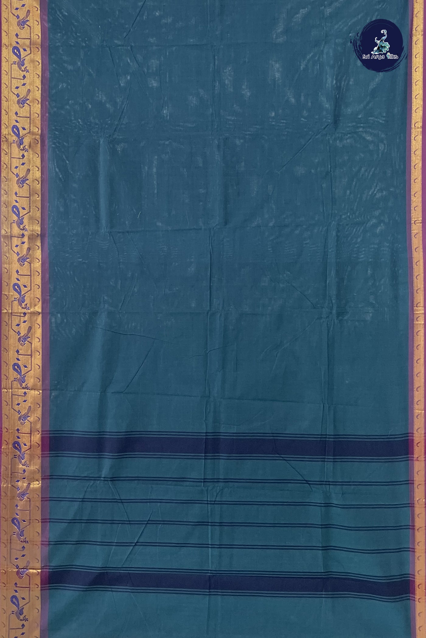 Peacock Blue Chettinad Cotton Saree With Plain Pattern