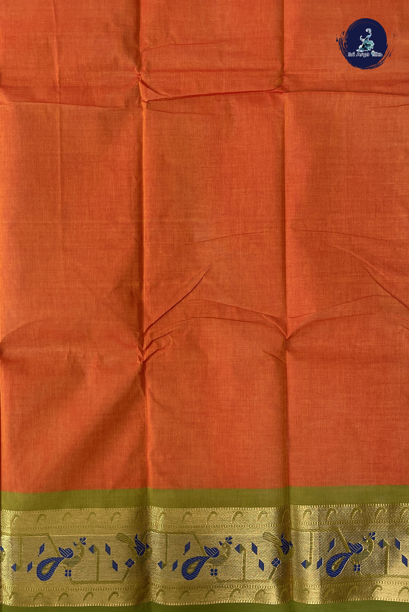 Orange Cotton Saree With plain  Pattern