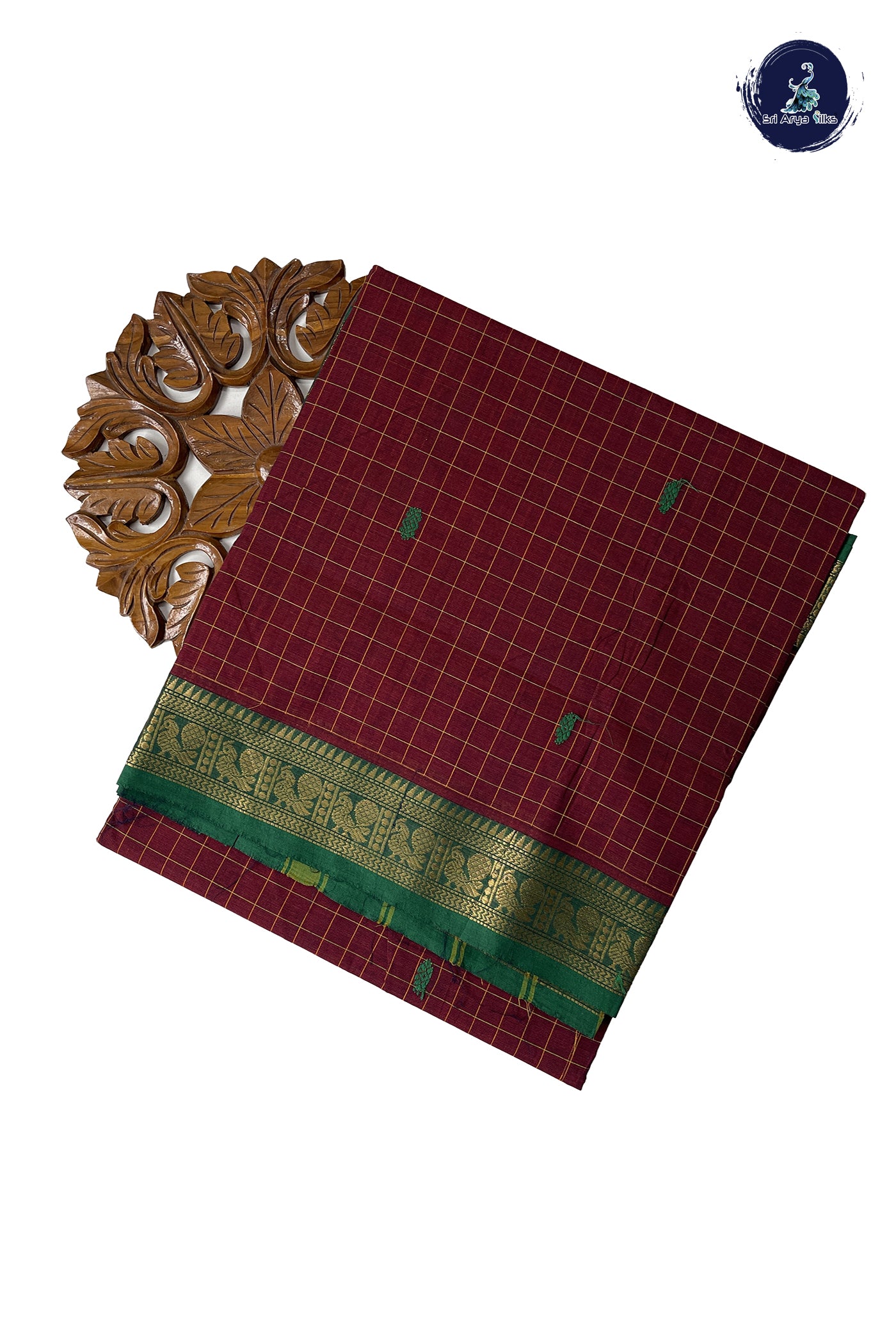 Brown Chettinad Cotton Saree With Checked Pattern