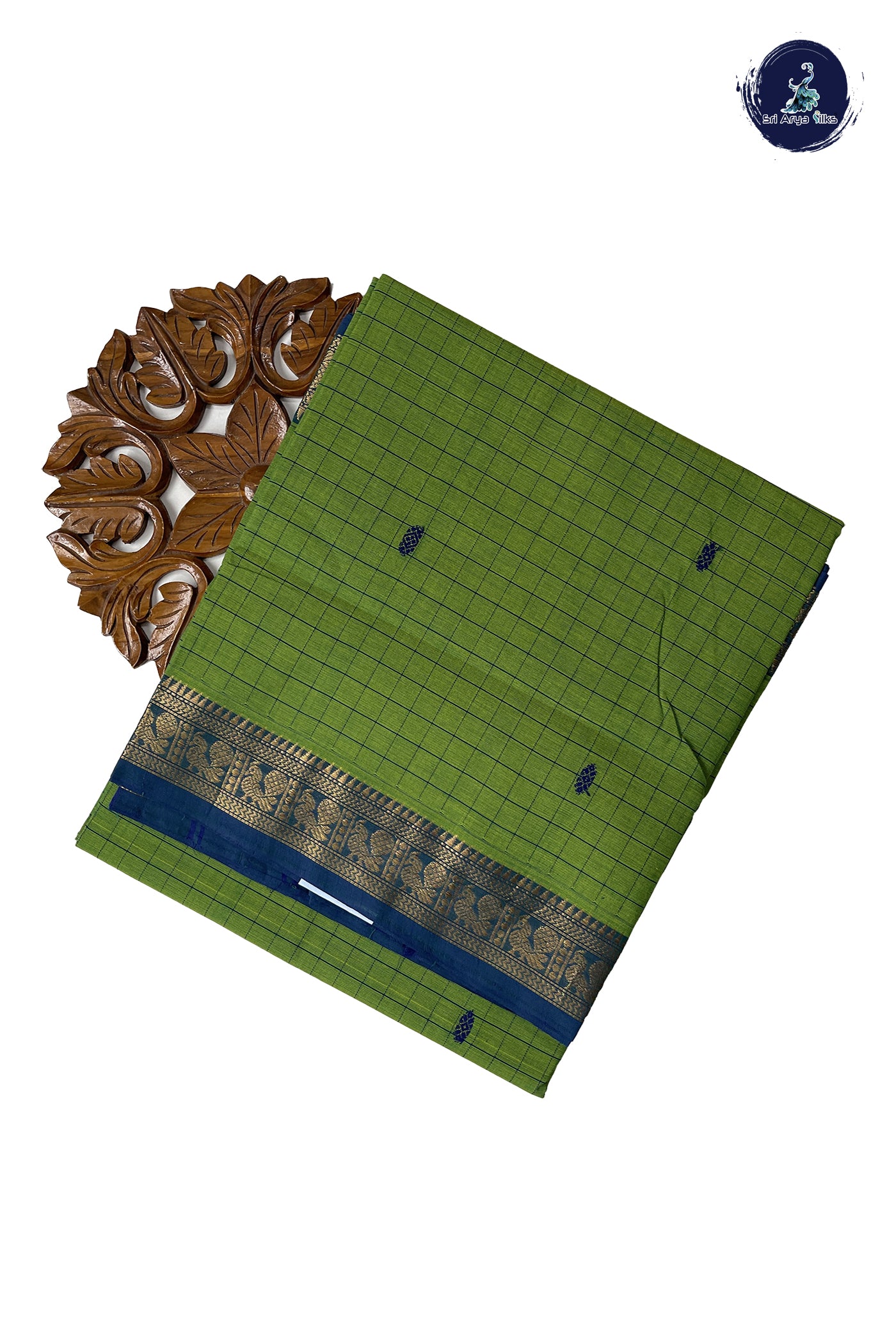 Light Green Chettinad Cotton Saree With Checked Pattern