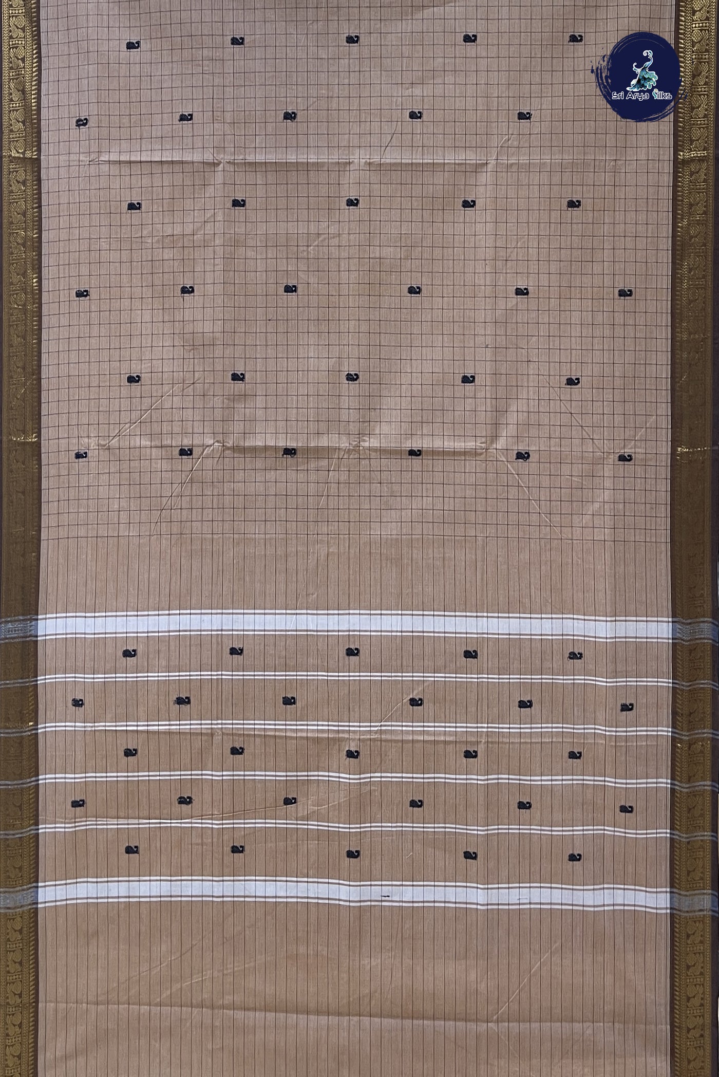 Light Brown Chettinad Cotton Saree With Checked Pattern