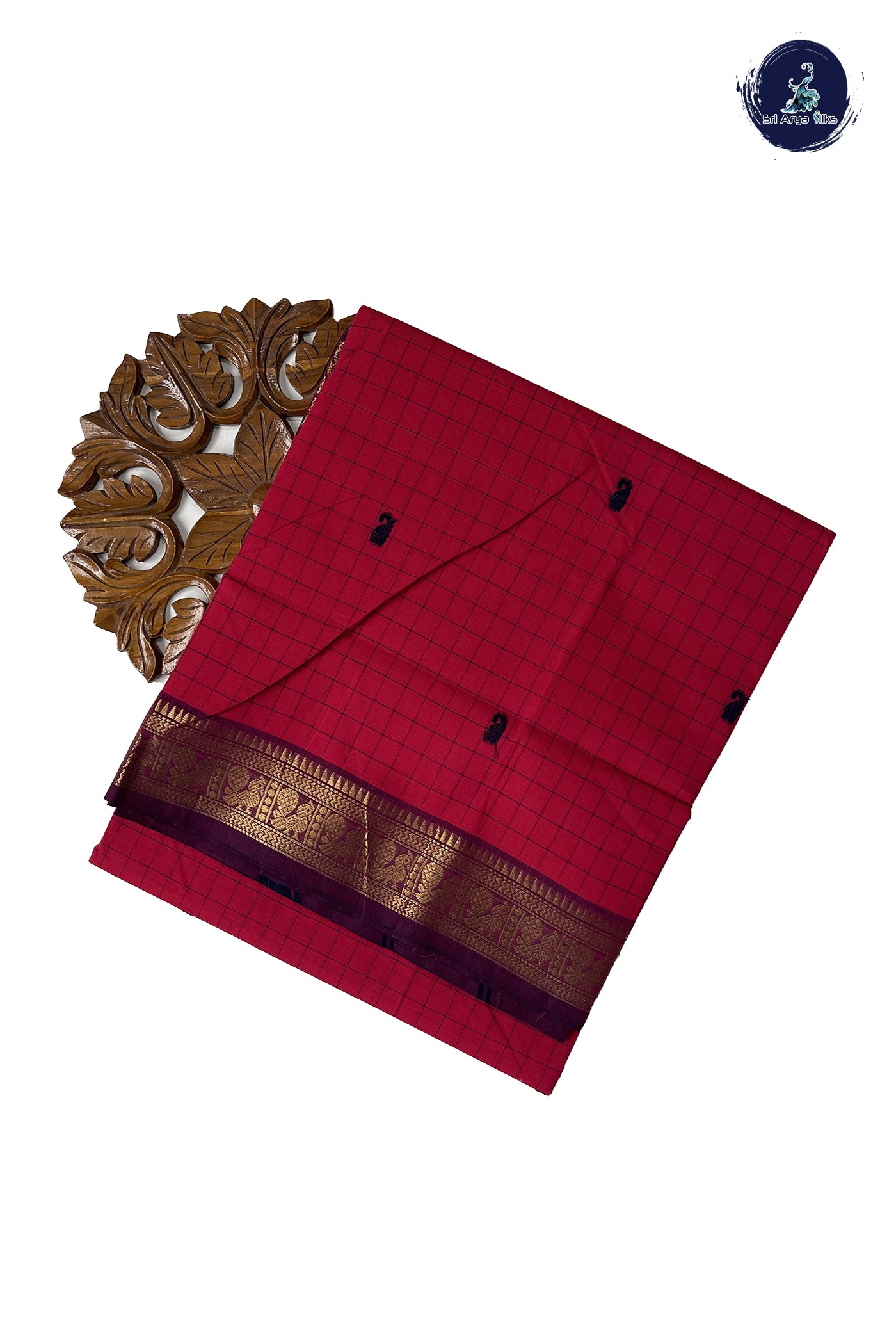 Red Chettinad Cotton Saree With Checked Pattern