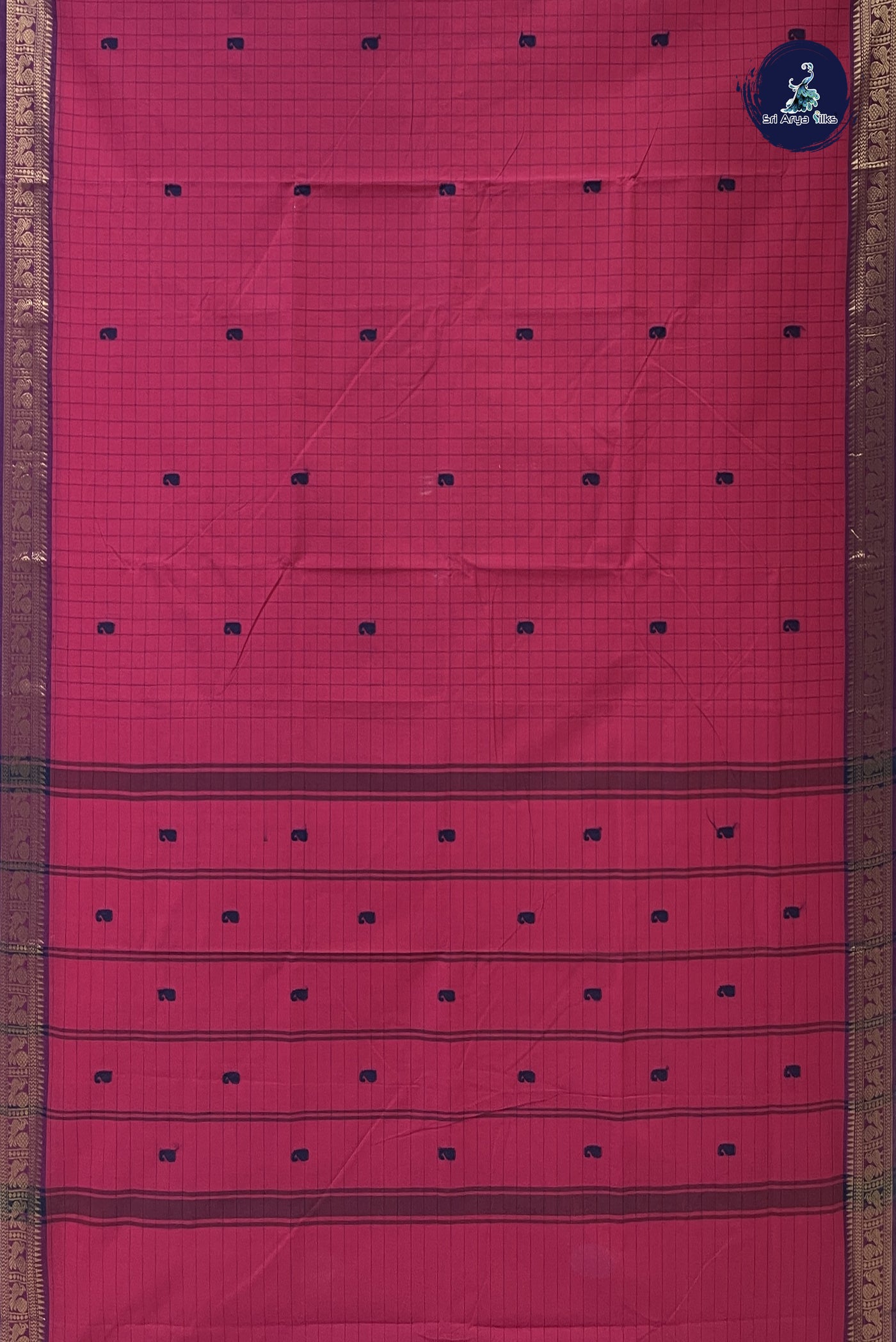 Red Chettinad Cotton Saree With Checked Pattern