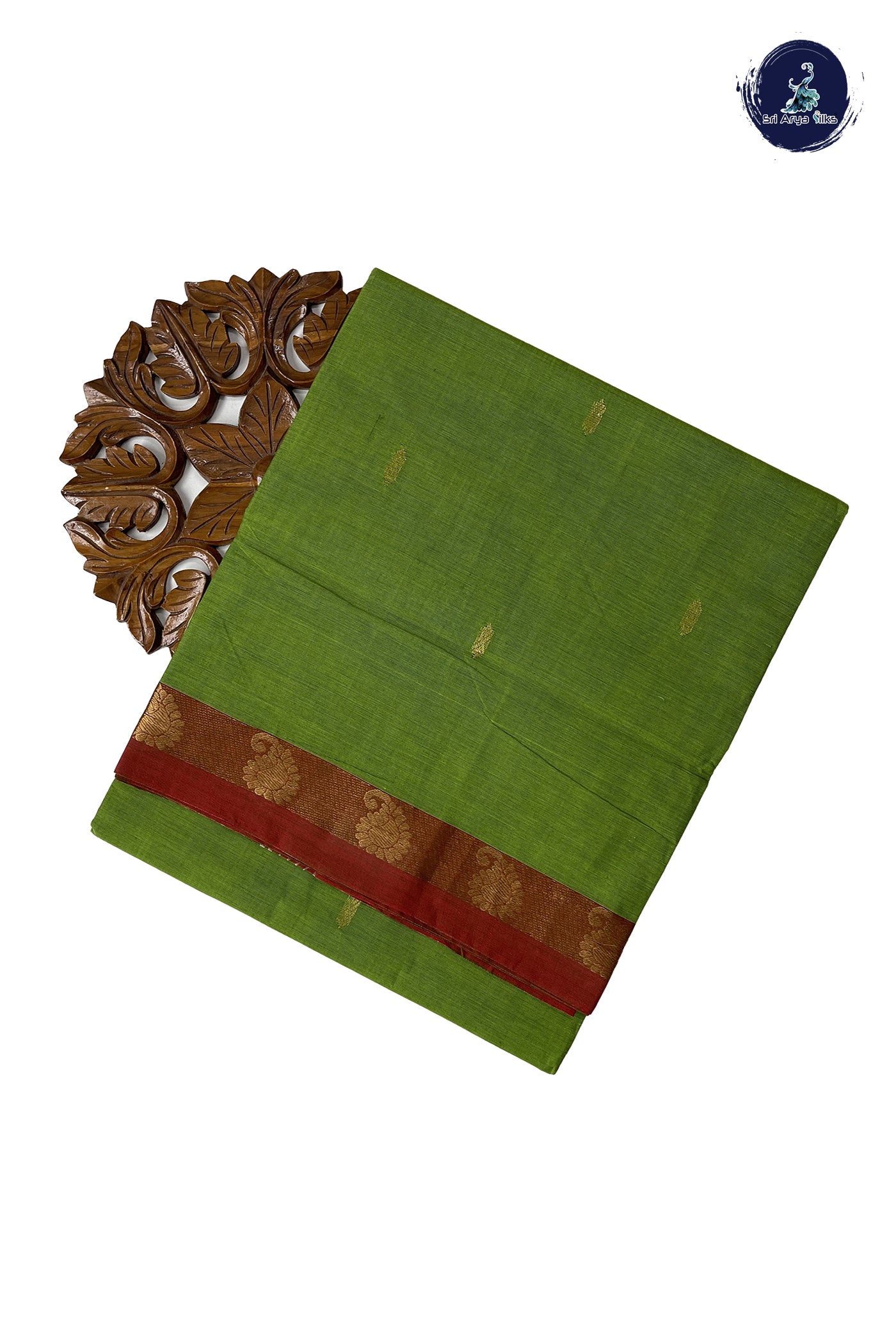 Light Green Chettinad Cotton Saree With Zari Buttas Pattern