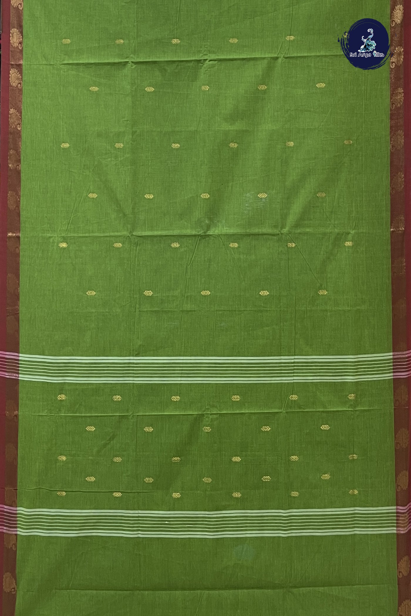 Light Green Chettinad Cotton Saree With Zari Buttas Pattern