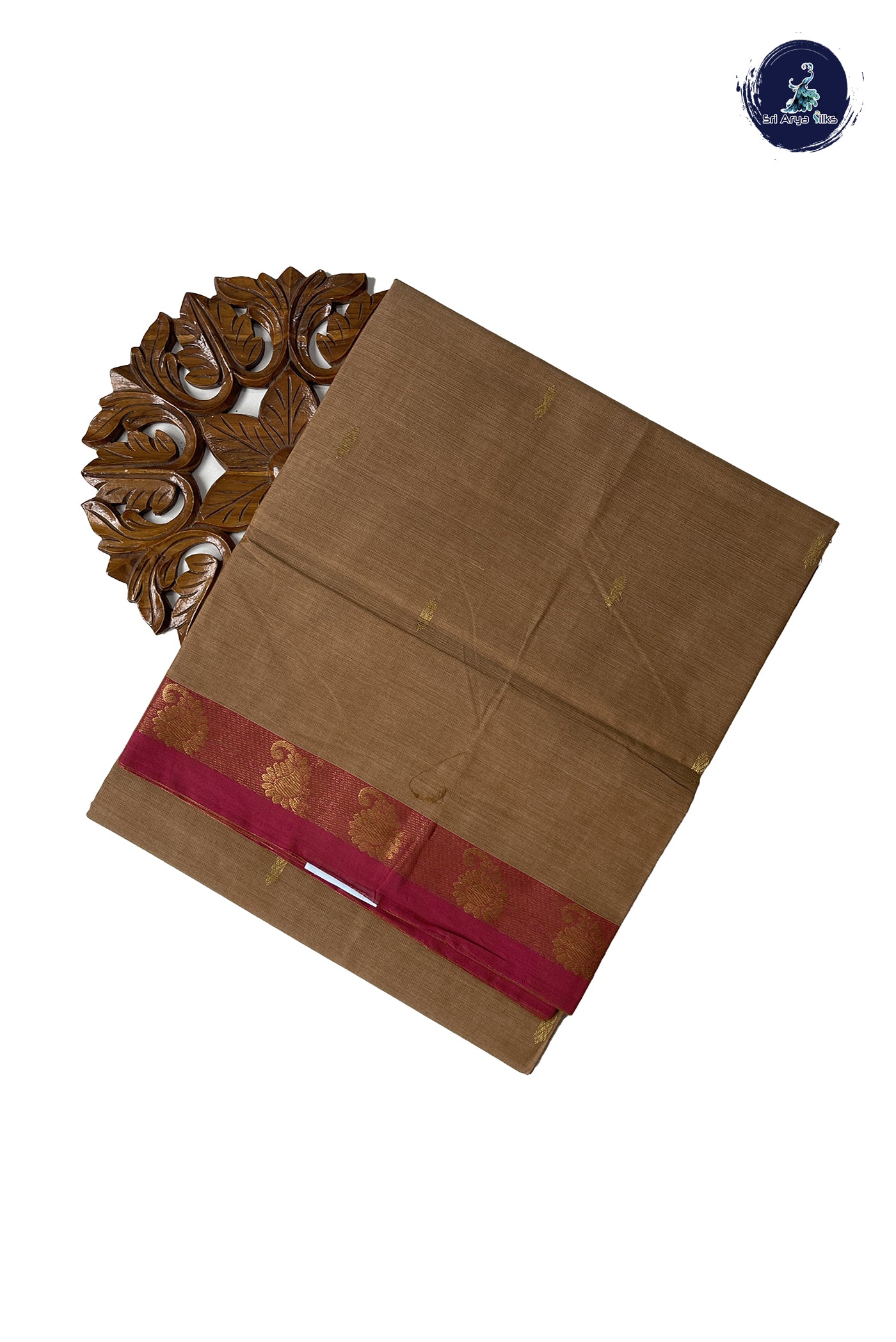 Brown Chettinad Cotton Saree With Zari Buttas Pattern