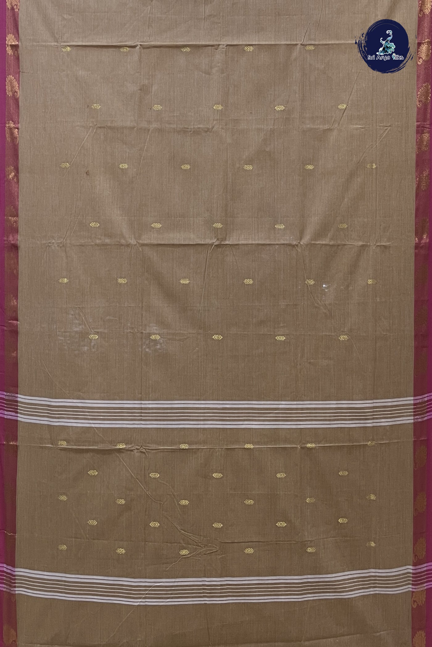 Brown Chettinad Cotton Saree With Zari Buttas Pattern