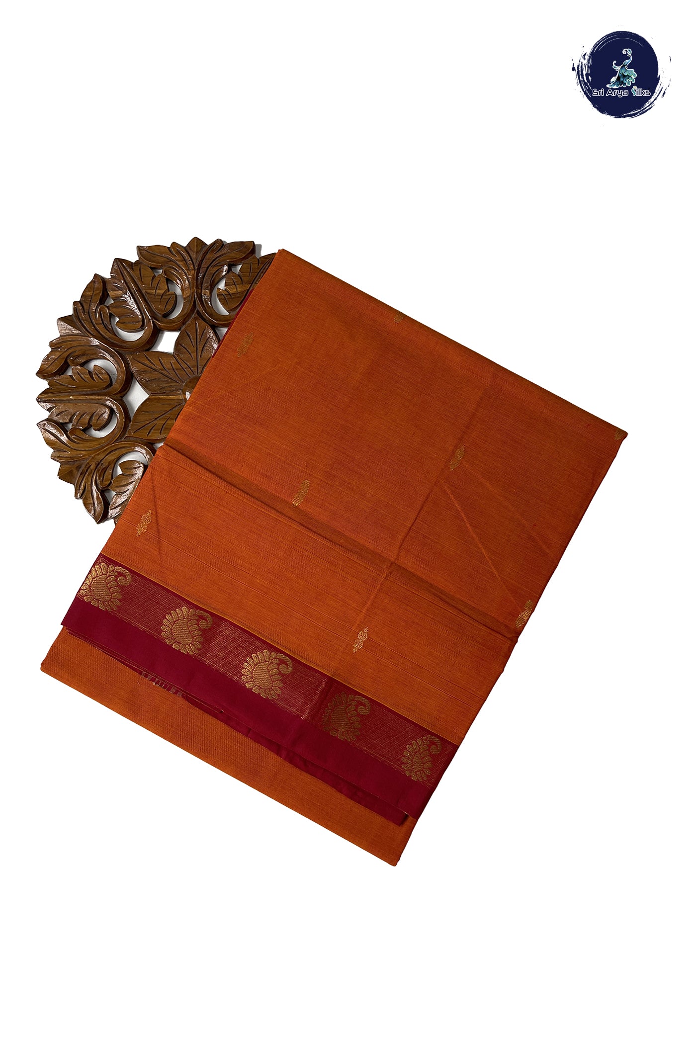 Orange Chettinad Cotton Saree With Zari Buttas Pattern