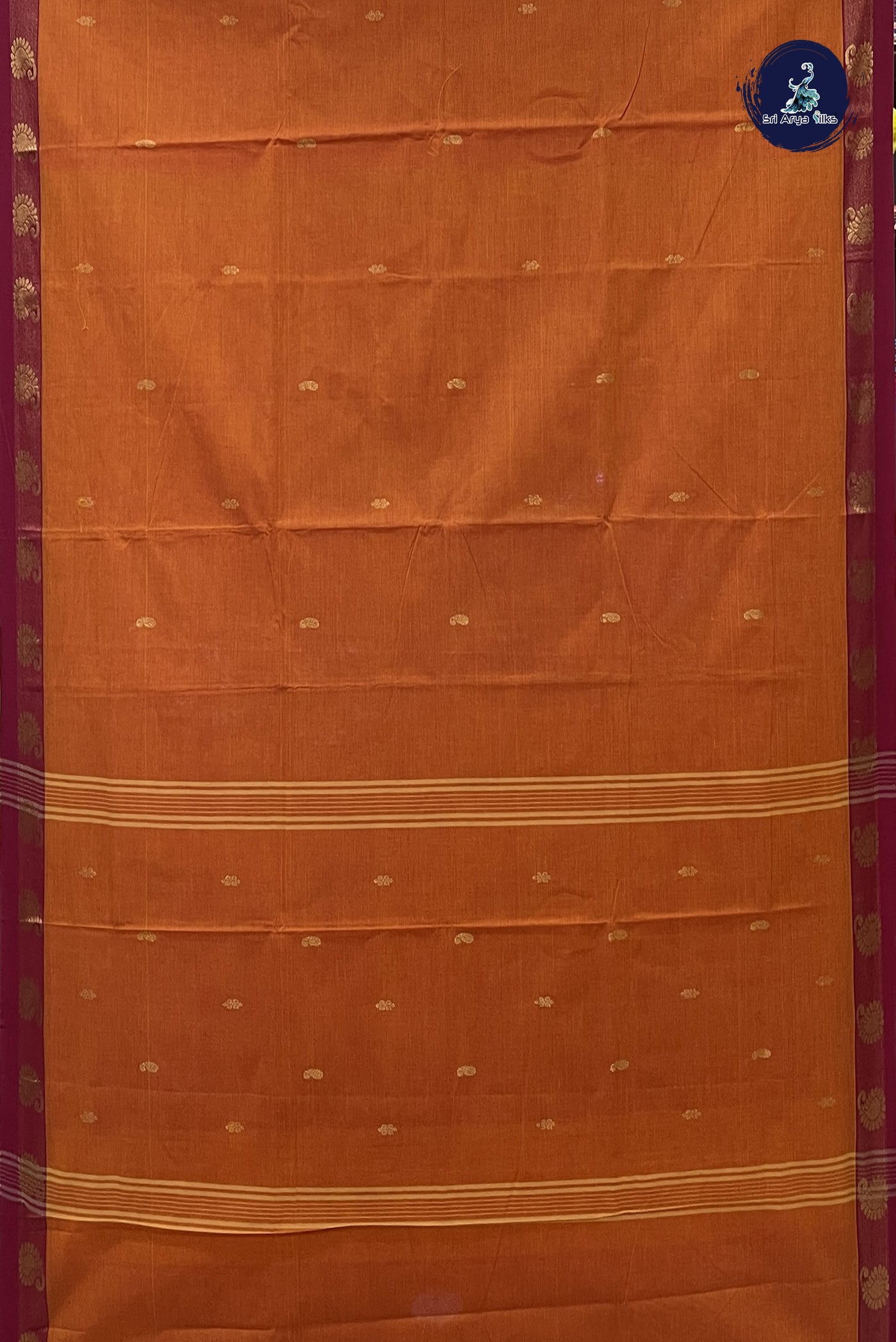 Orange Chettinad Cotton Saree With Zari Buttas Pattern