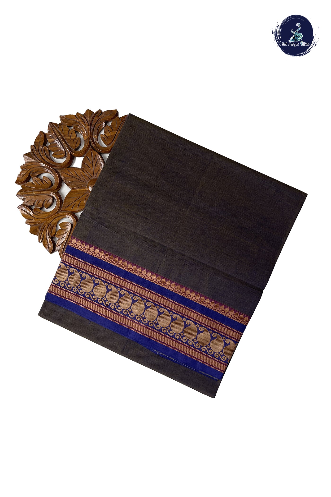 Bluish Grey Chettinad Cotton Saree With Plain Pattern