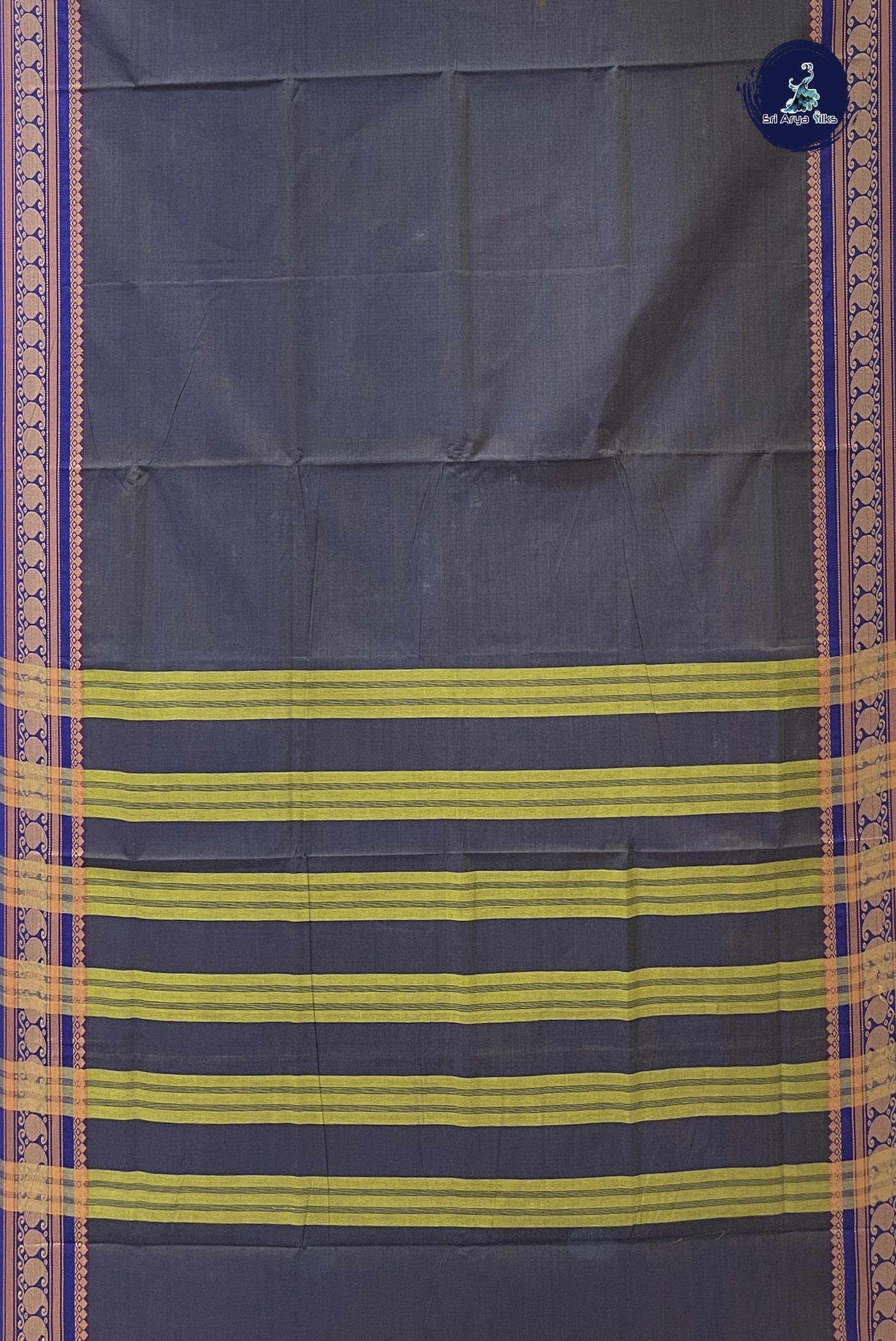 Bluish Grey Chettinad Cotton Saree With Plain Pattern