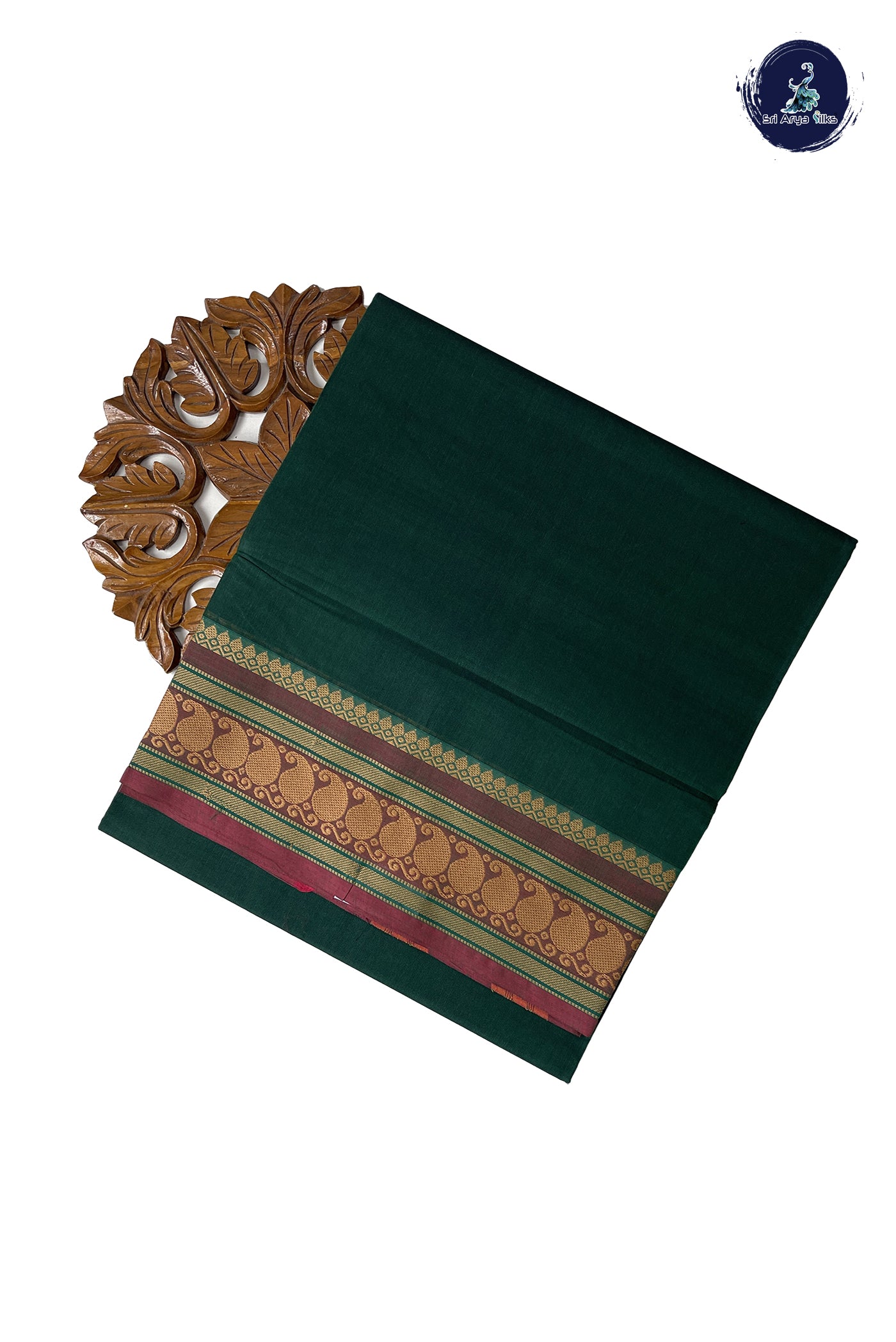 Bottle Green Chettinad Cotton Saree With Plain Pattern