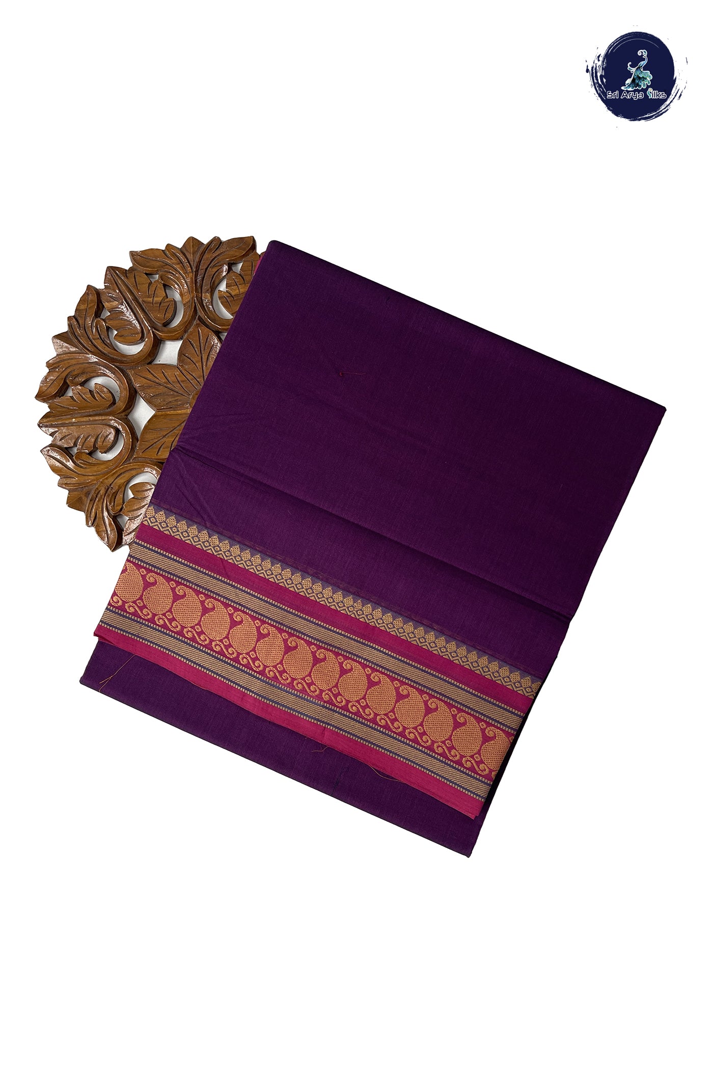 Dark Violet Chettinad Cotton Saree With Plain Pattern