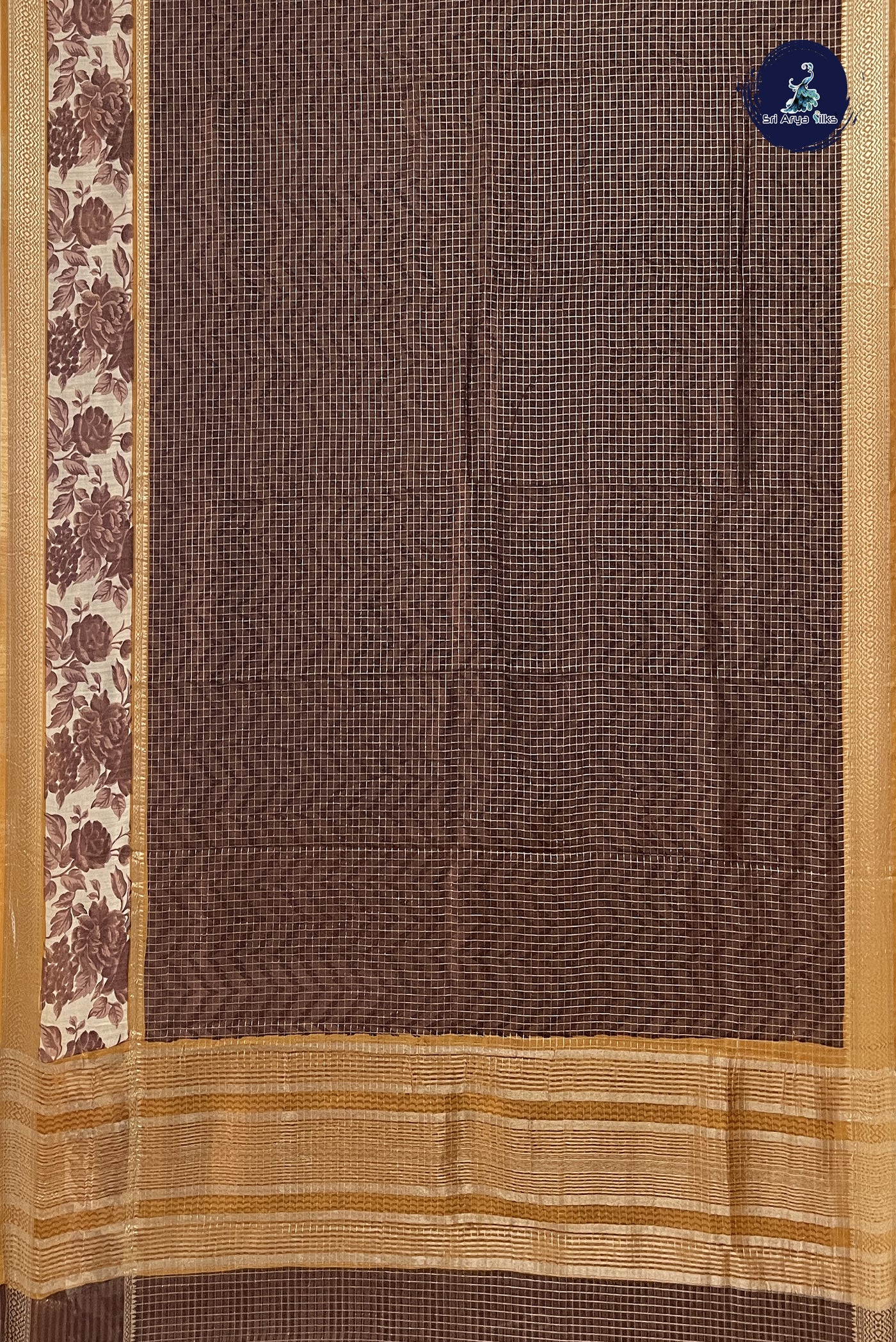 Brown Chanderi Silk Cotton Saree With Zari Checked Pattern