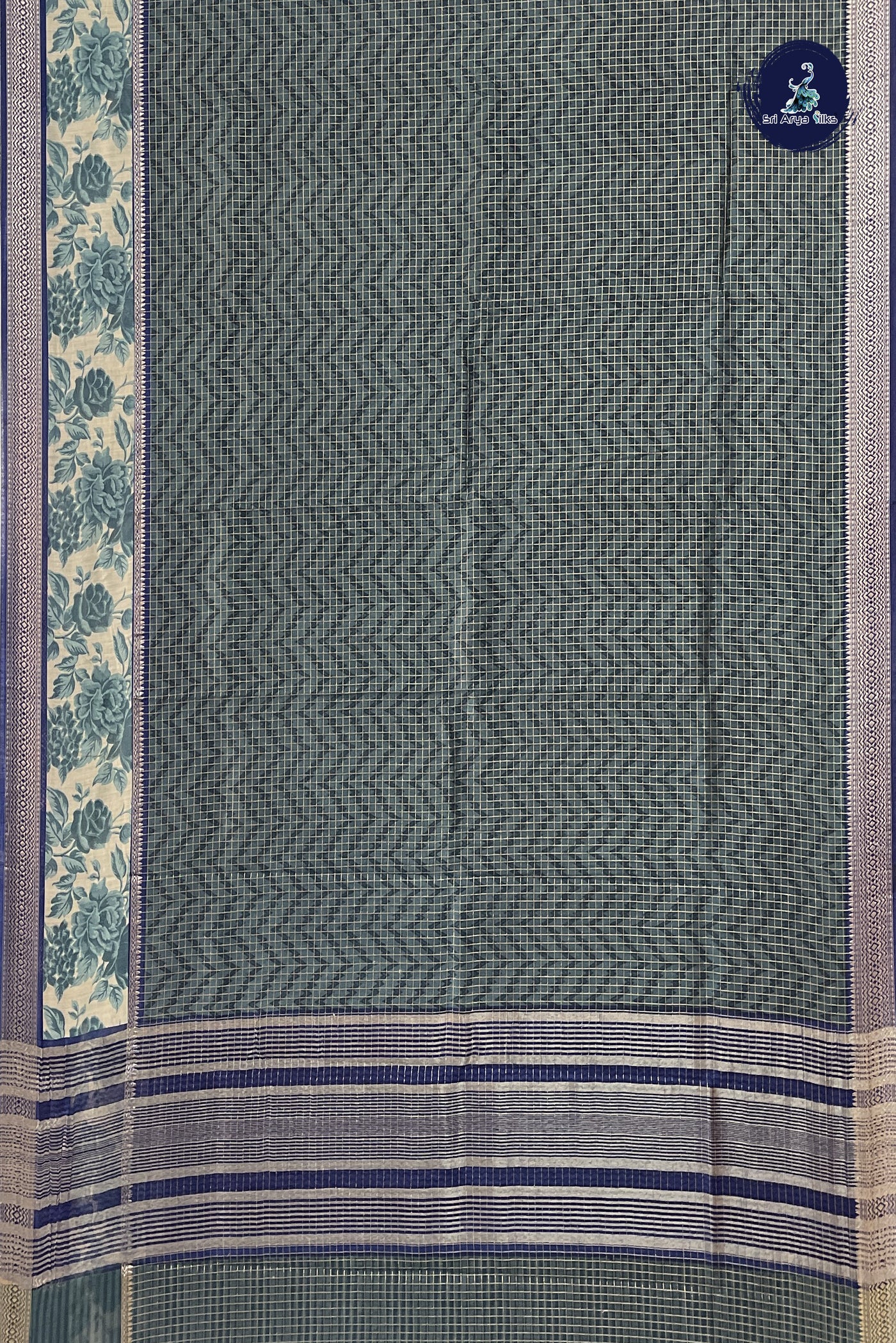 Bluish Grey Chanderi Silk Cotton Saree With Zari Checked Pattern