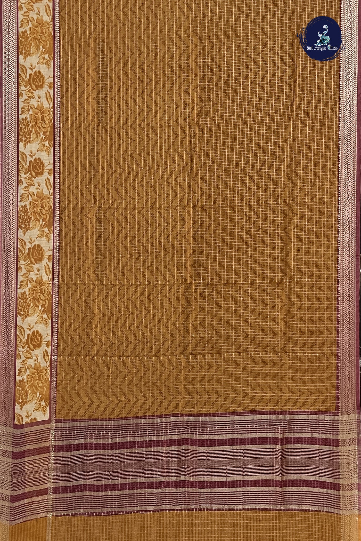 Mustard Chanderi Silk Cotton Saree With Zari Checked Pattern