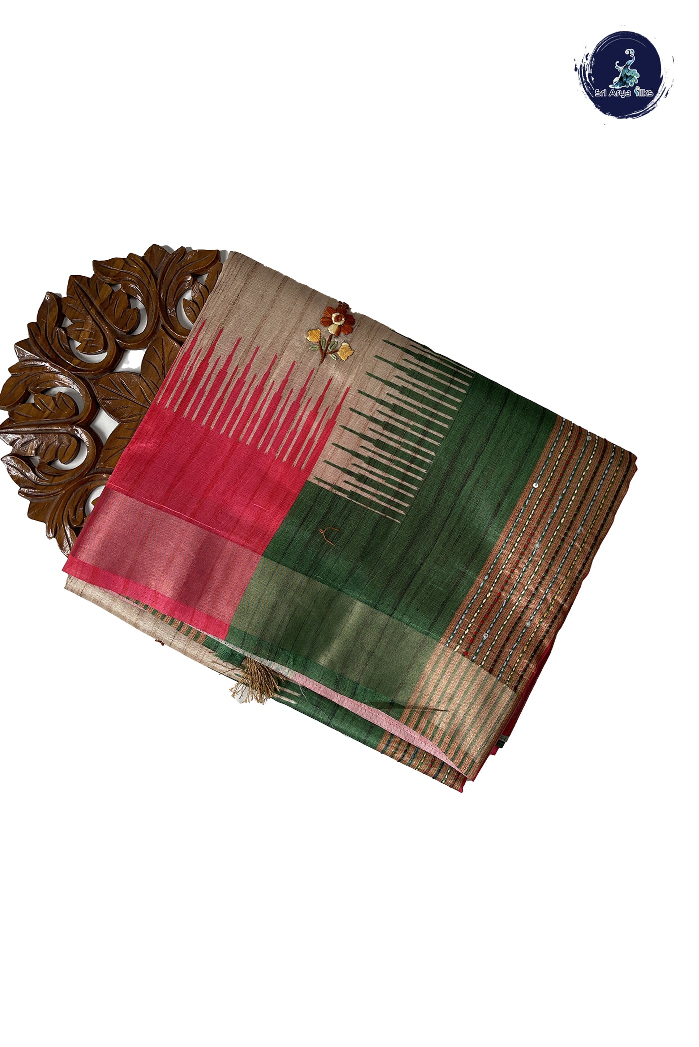 Chikku Shade Tussar Saree With Embroidery Pattern